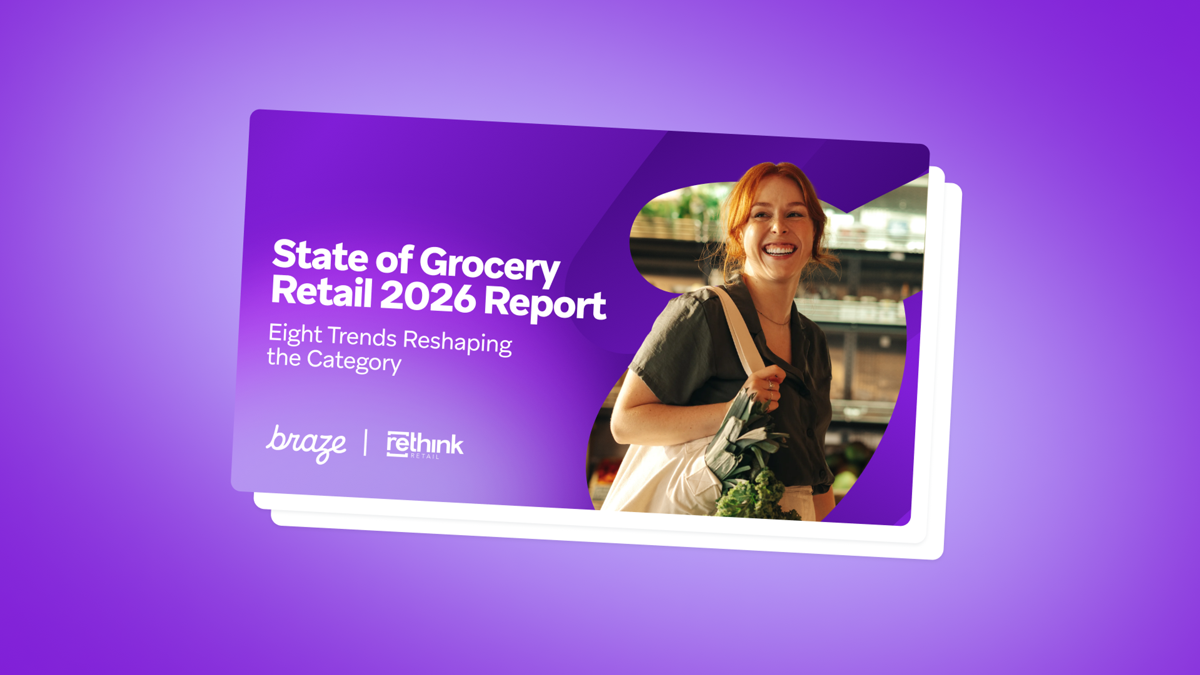 Cover of the State of Grocery Retail 2026 Report, “Eight Trends Reshaping the Category,” featuring a smiling grocery shopper.