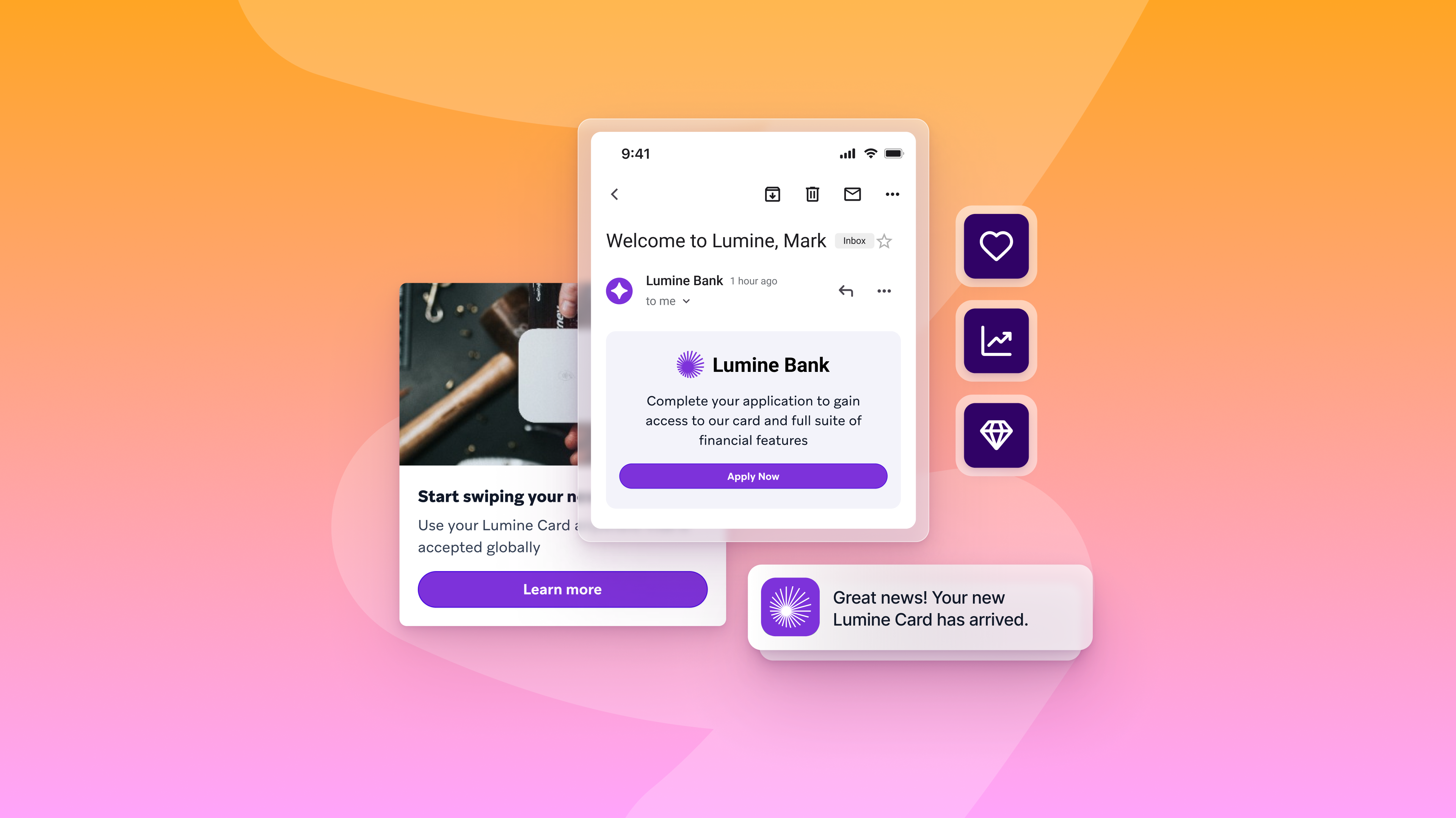 An image of a welcome email, push notification, and sms