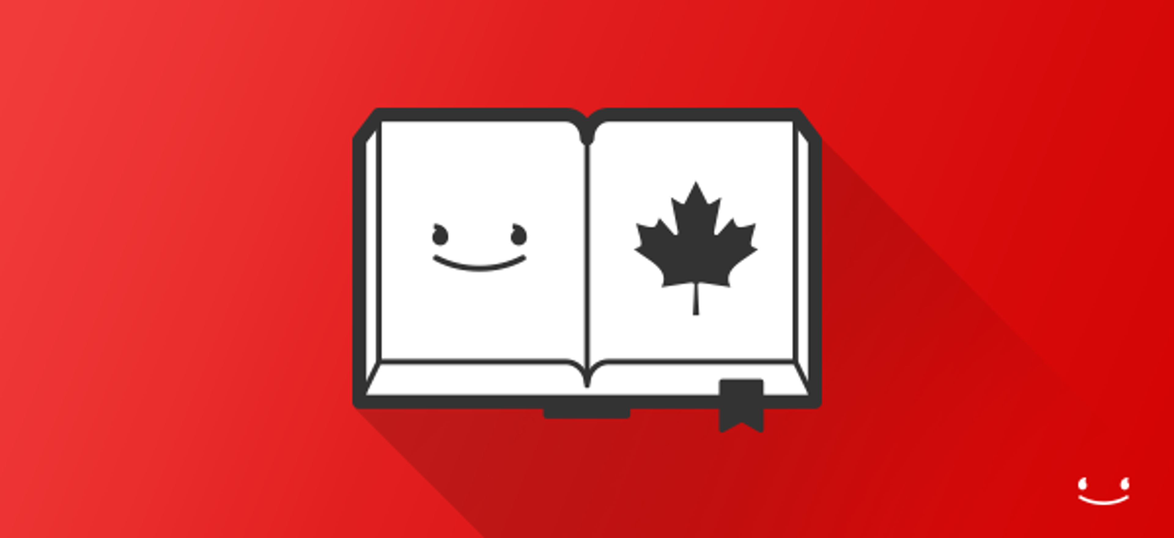 An open book with a smiling face and a maple leaf on one page, set against a red background.