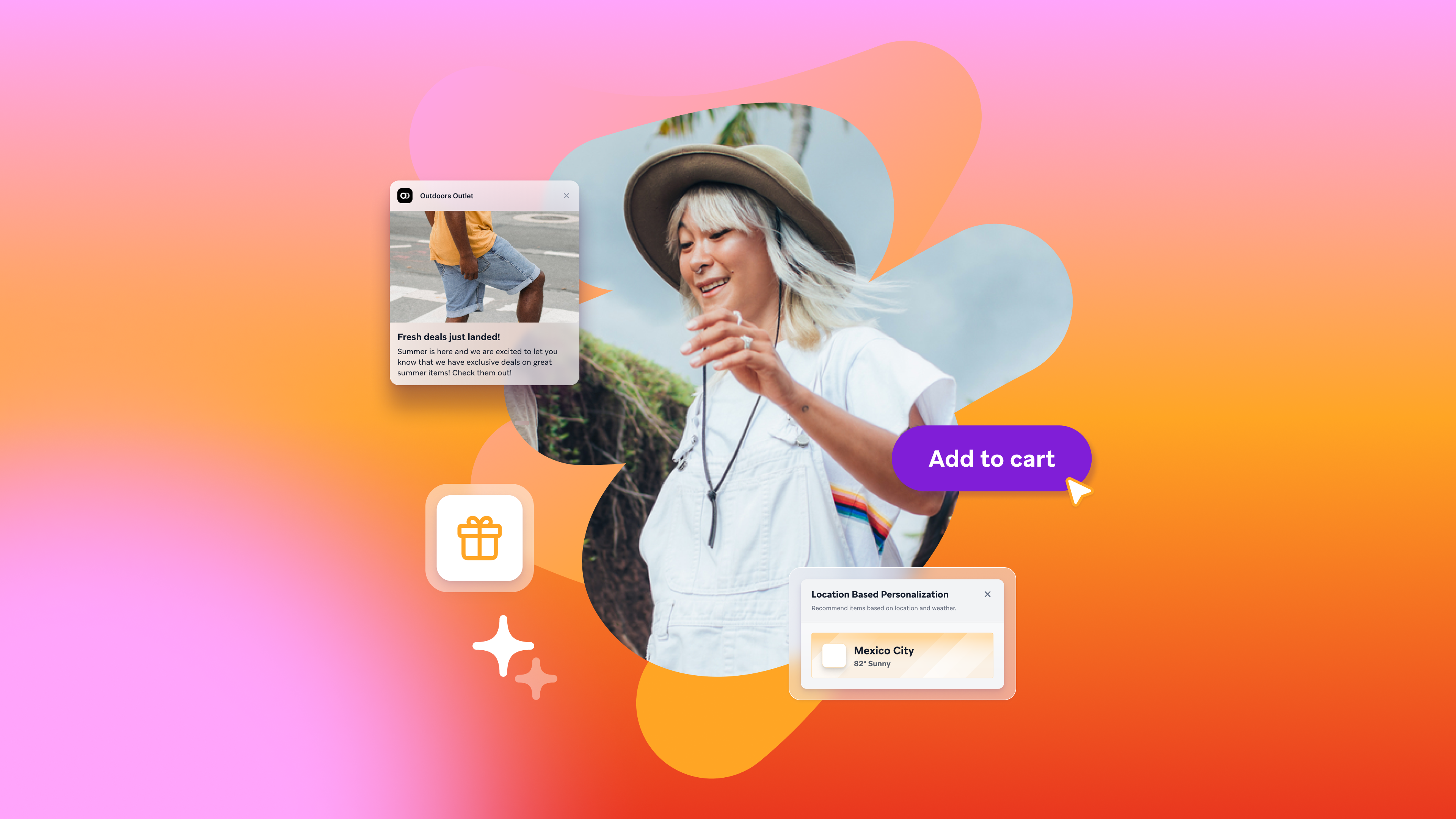 an add to cart button is next to a woman in a hat