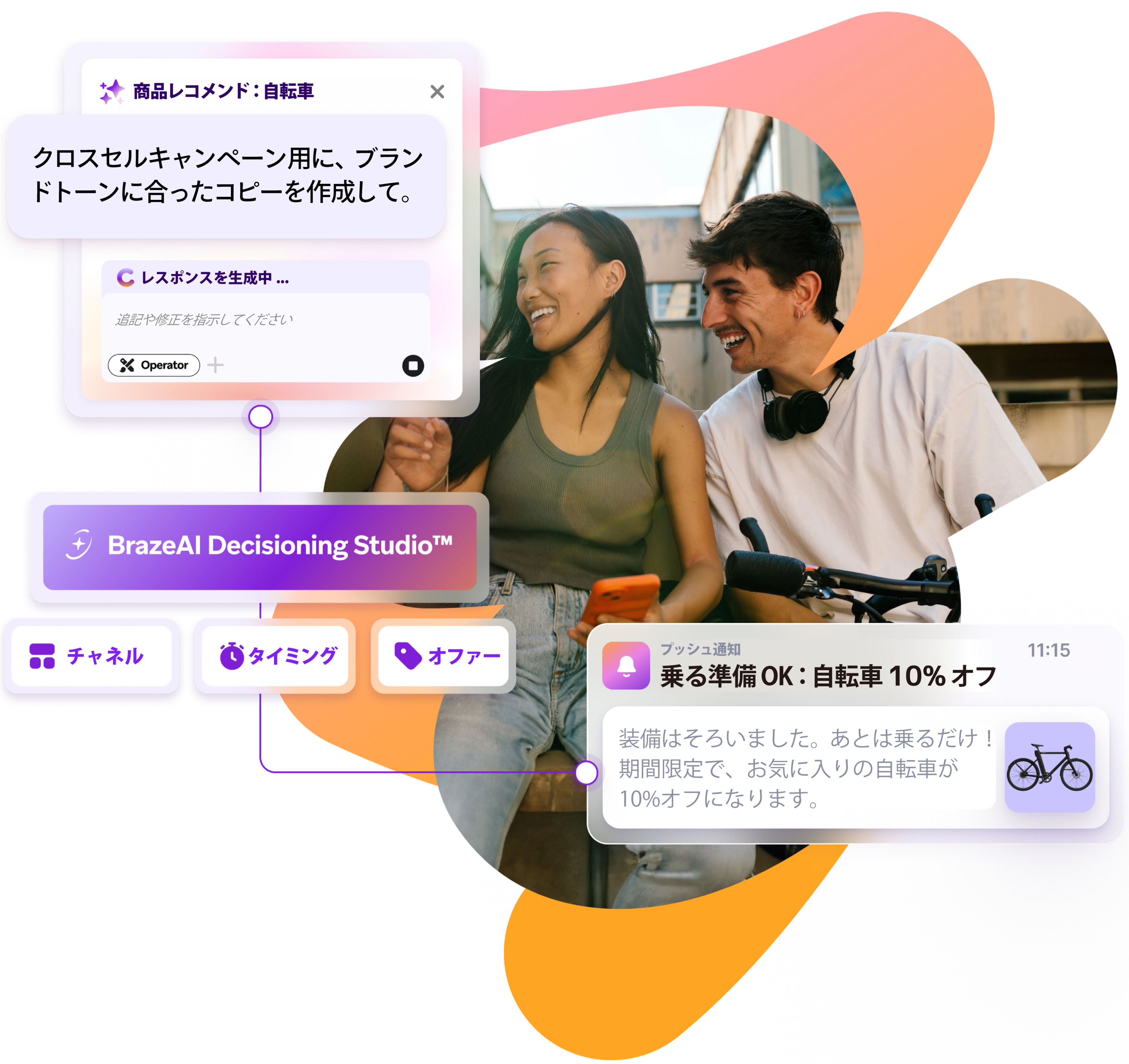 BrazeAI Decisioning Studio interface showing bicycle recommendations and a 10% off offer, overlaid on a photo of two smiling people.