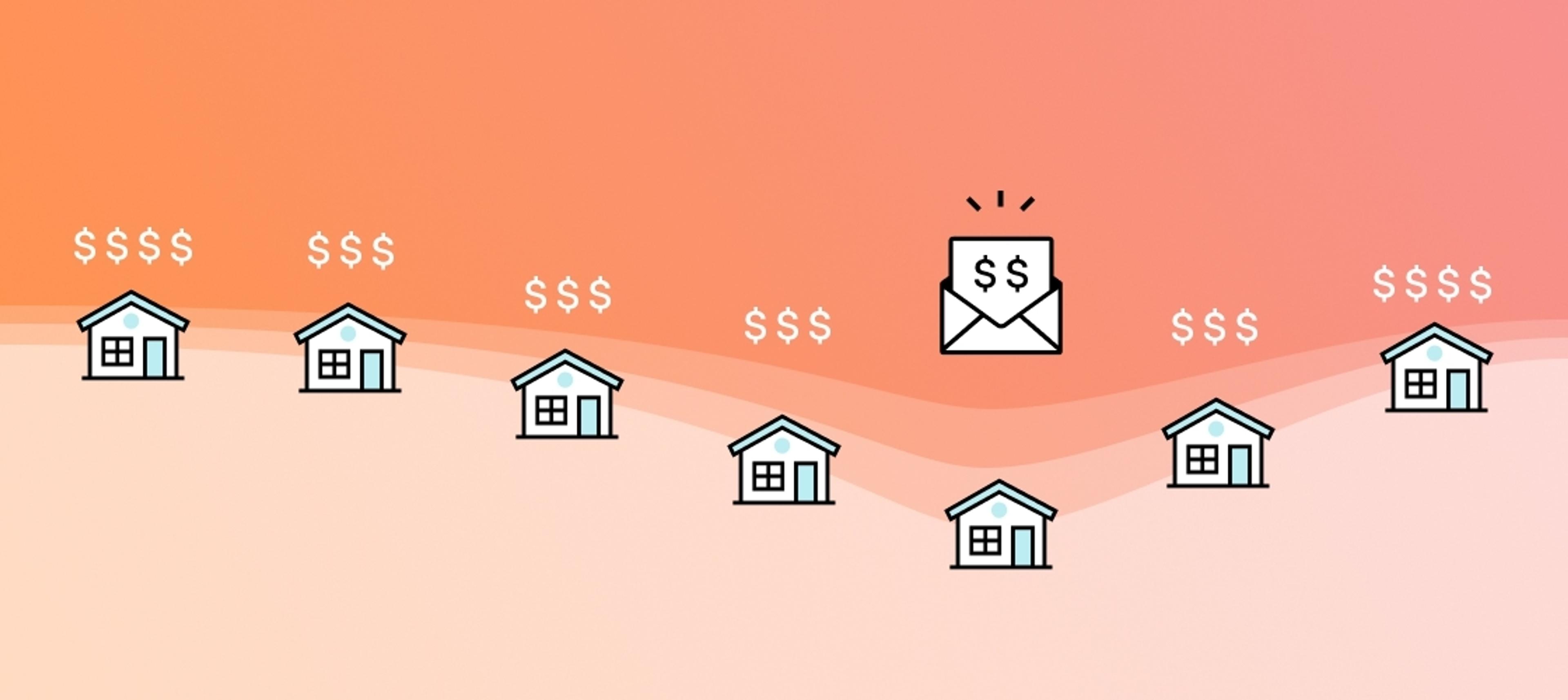 An illustration showing several houses with dollar signs and an envelope with dollar signs in the center, suggesting a financial theme related to real estate.
