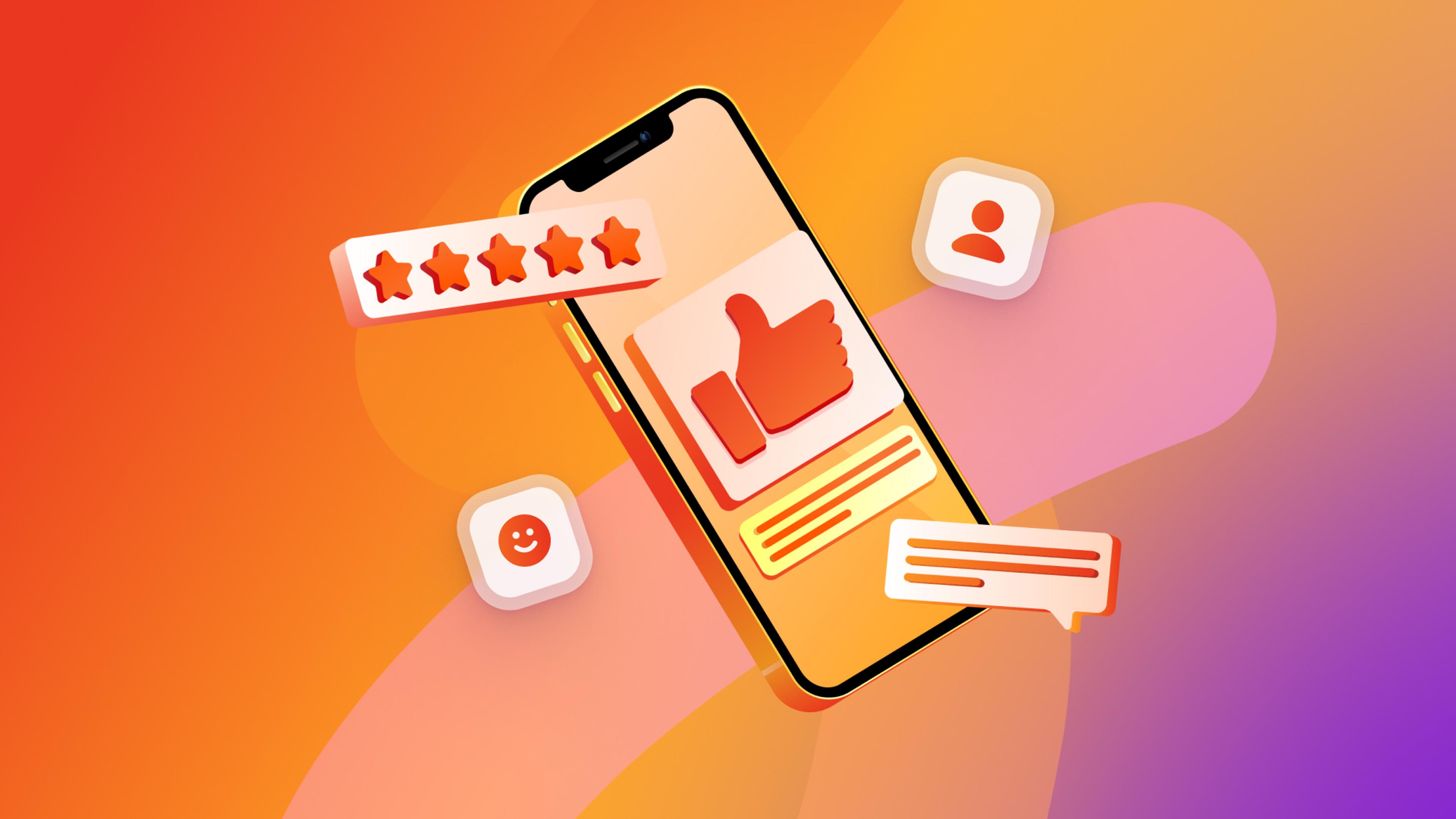 Smartphone surrounded by icons for social media likes, star ratings, and comments.