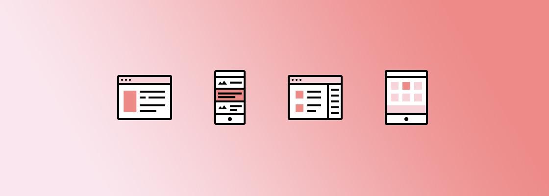Four icons representing different screen layouts: a desktop browser, a mobile phone, a tablet, and another desktop browser with a different design. The background features a gradient from light to dark pink.