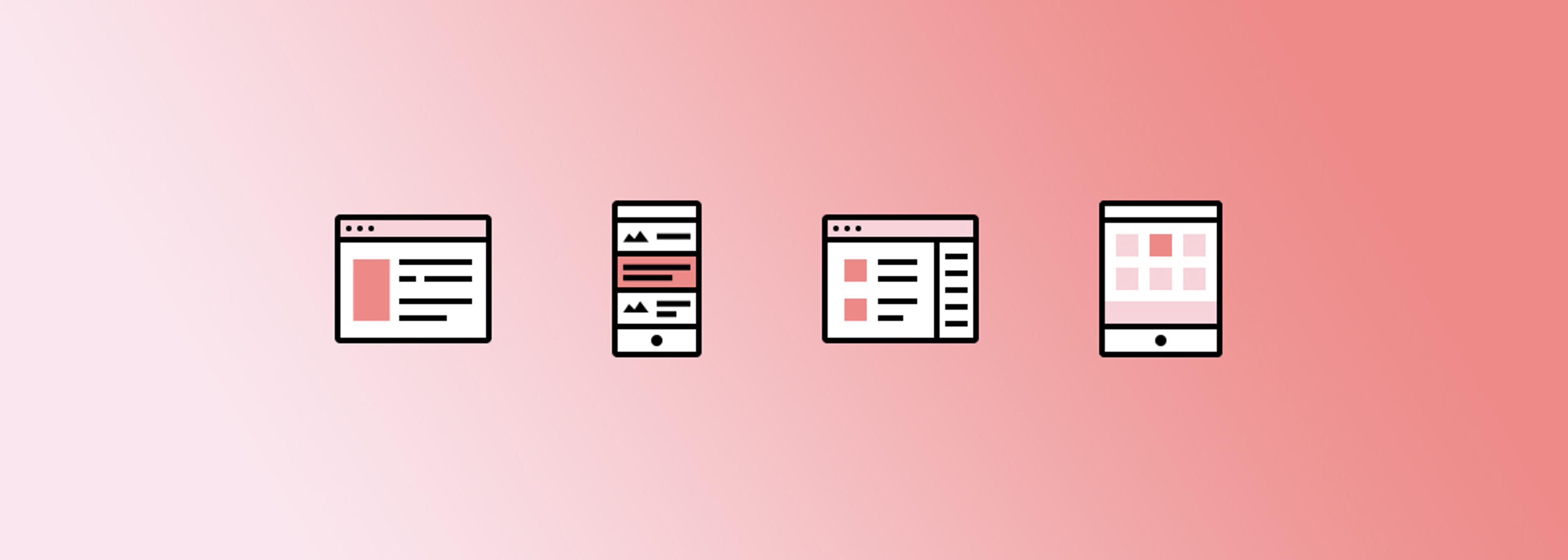 Four icons representing different screen layouts: a desktop browser, a mobile phone, a tablet, and another desktop browser with a different design. The background features a gradient from light to dark pink.