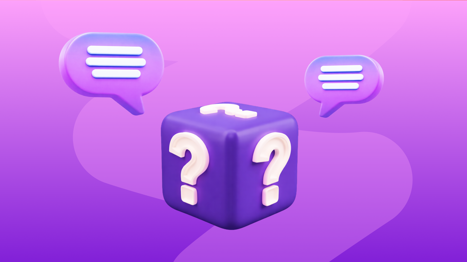 3D purple cube with question marks, surrounded by two chat bubbles.