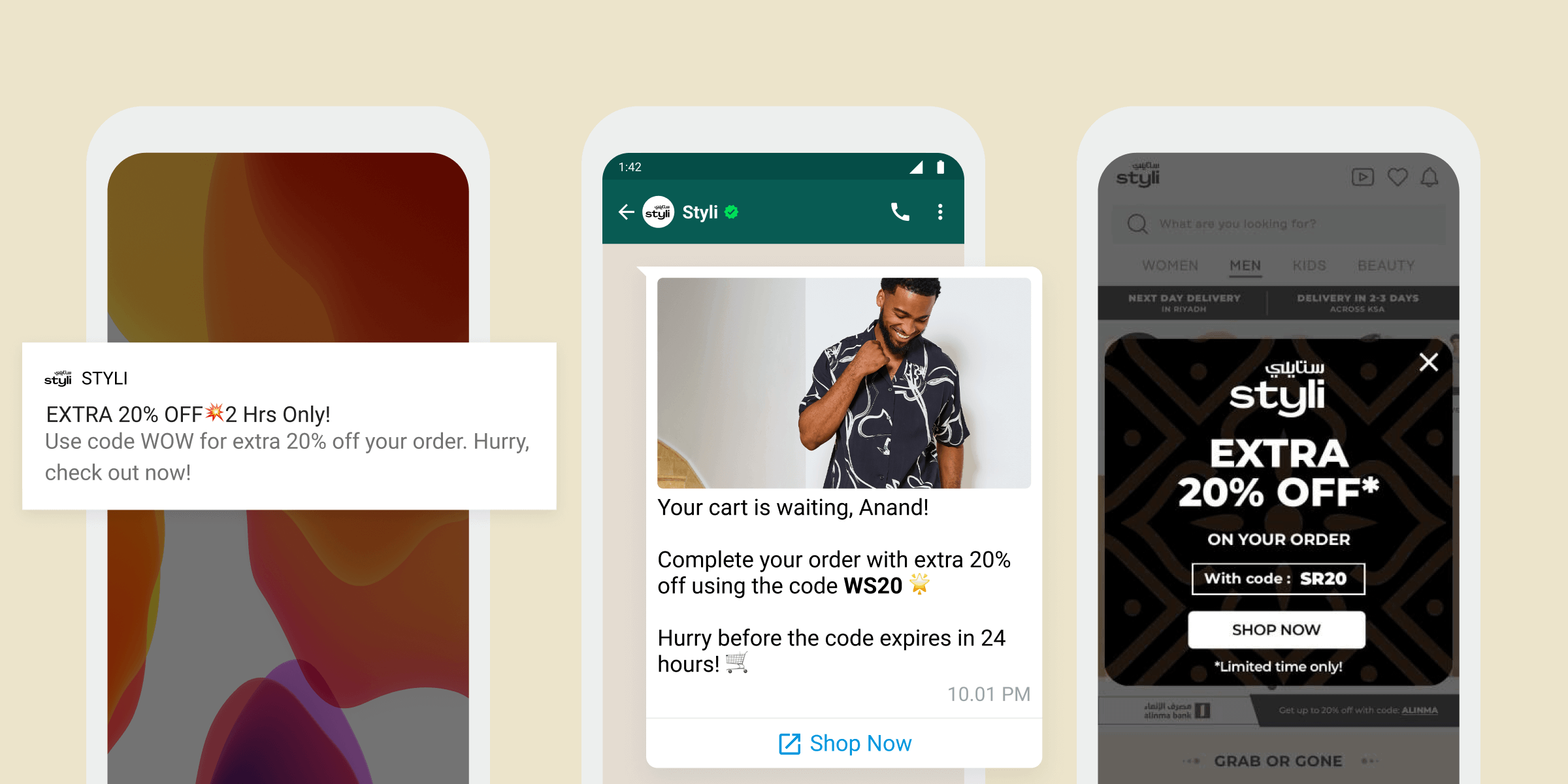 A smartphone screen displays a notification for a 20% discount on an order, along with a reminder about a cart waiting for completion. The background is a light color with various app interfaces visible.