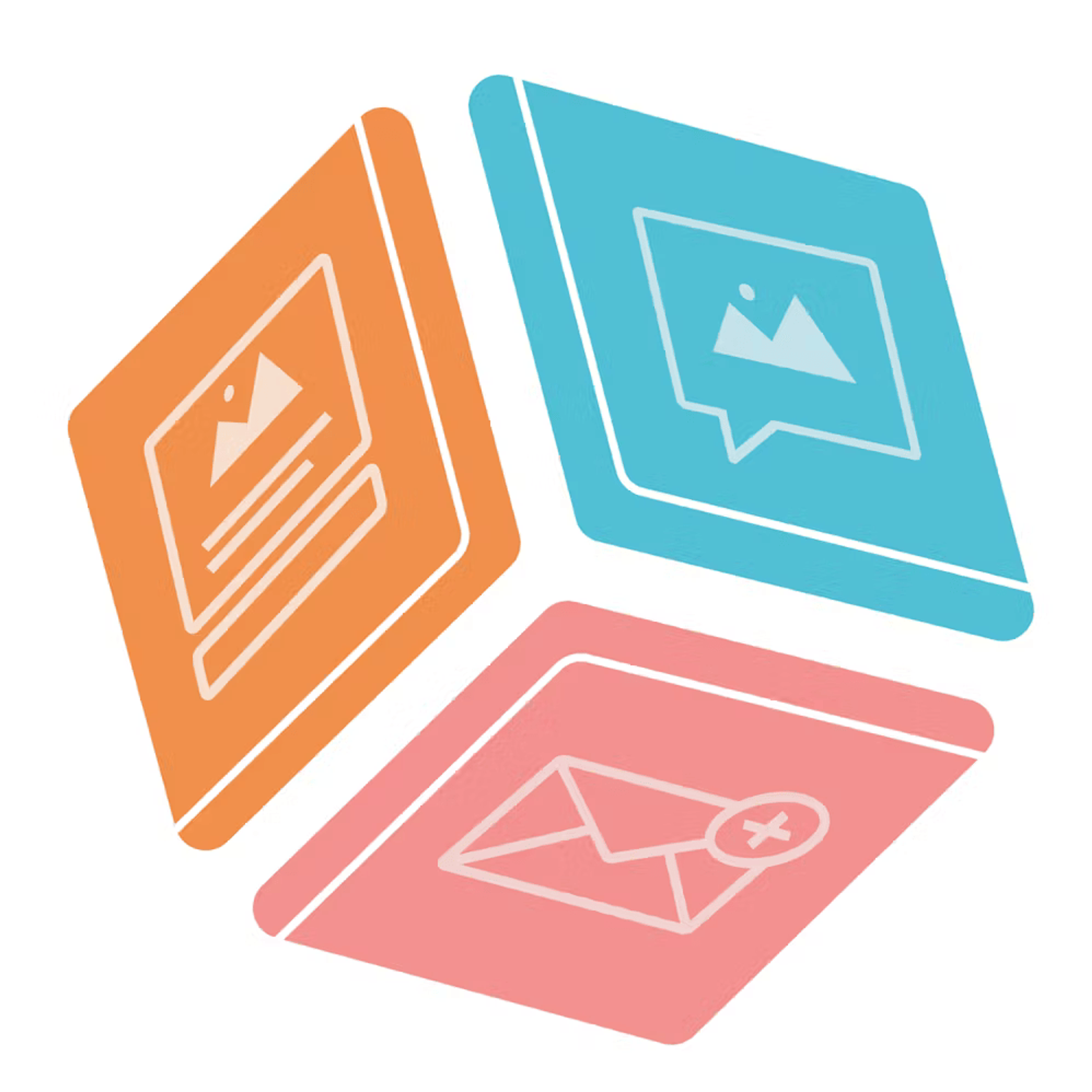 Three colorful icons representing different media types: an image upload, a chat bubble with a picture, and an envelope with a plus sign.