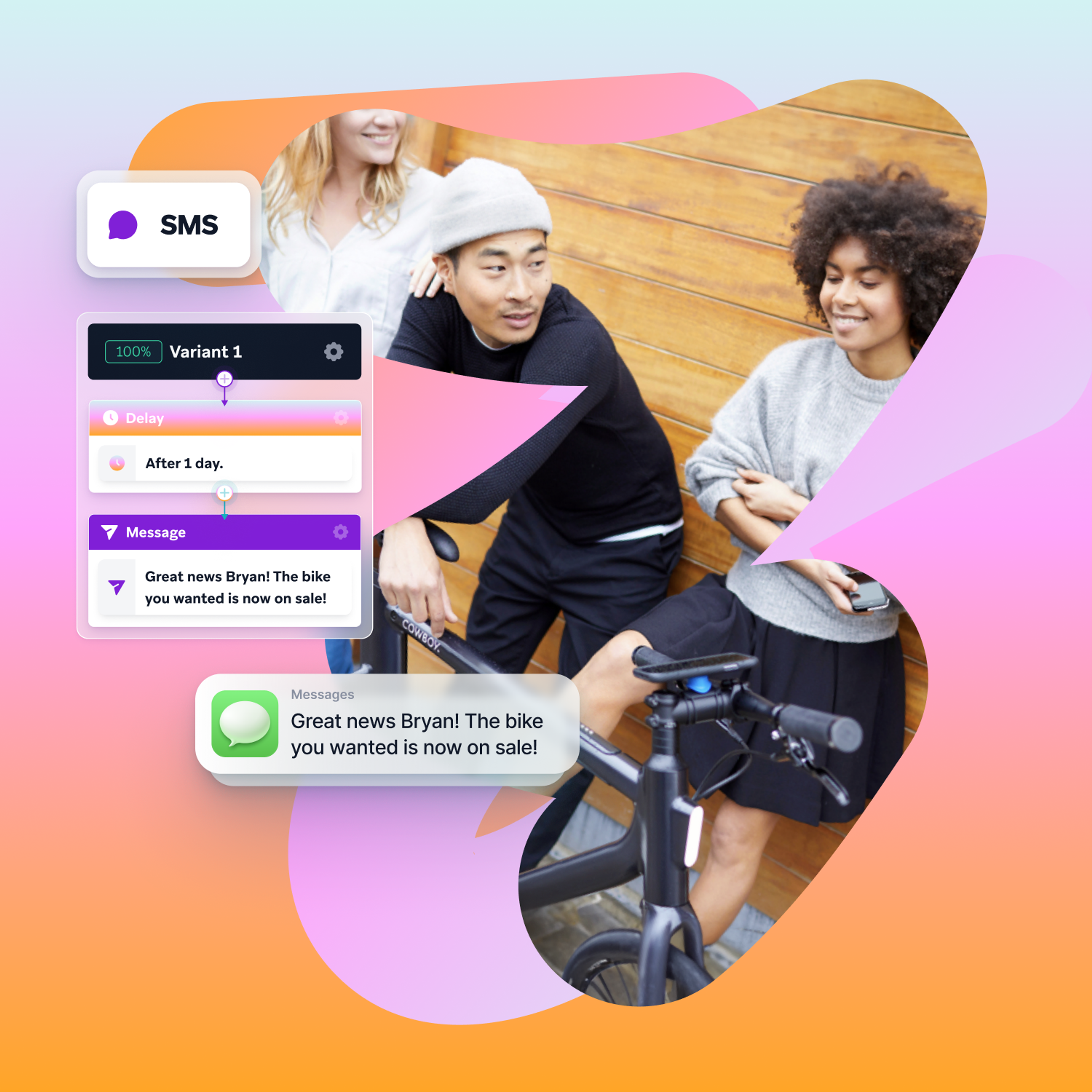 Três pessoas na imagem, uma apoiada na bicicleta e janelas mostrando um fluxo de segmentação até o recebimento de um SMS