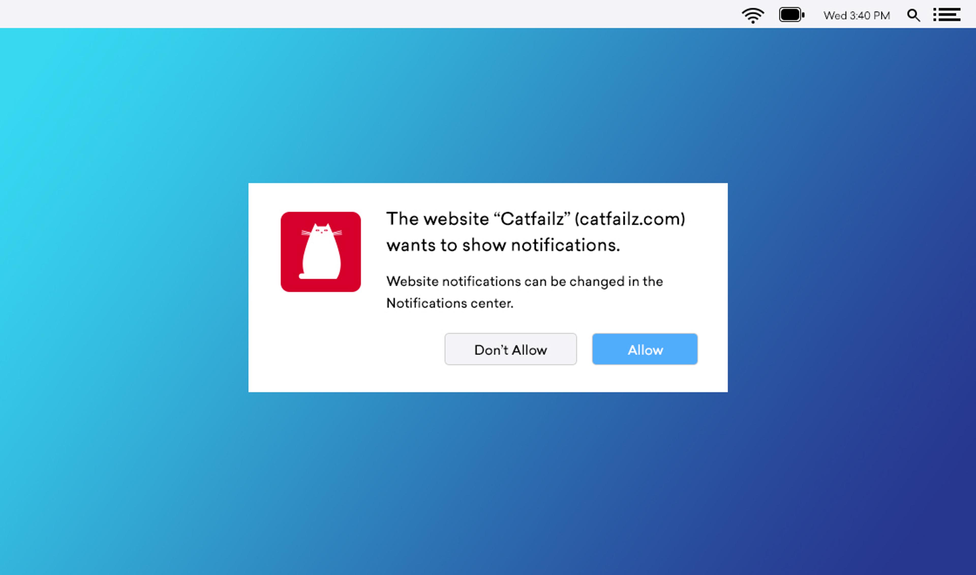 A notification pop-up from the website "Catfaiz" asking for permission to show notifications, with options to "Don't Allow" or "Allow." The background features a gradient of blue colors.