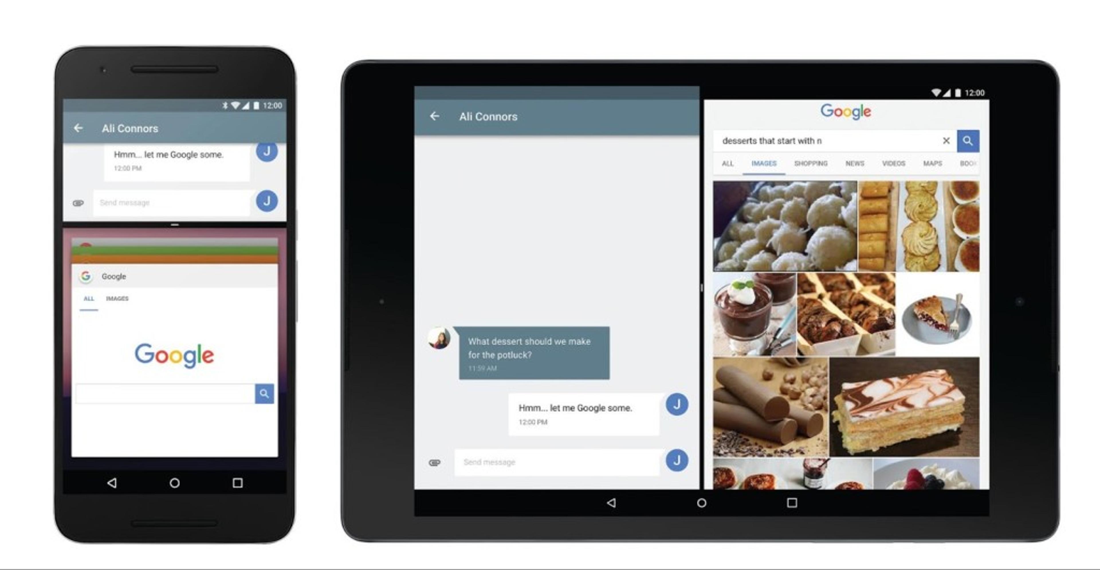 A smartphone and a tablet display a Google search interface. The smartphone shows a messaging app, while the tablet features a search for dessert recipes with images of various desserts.