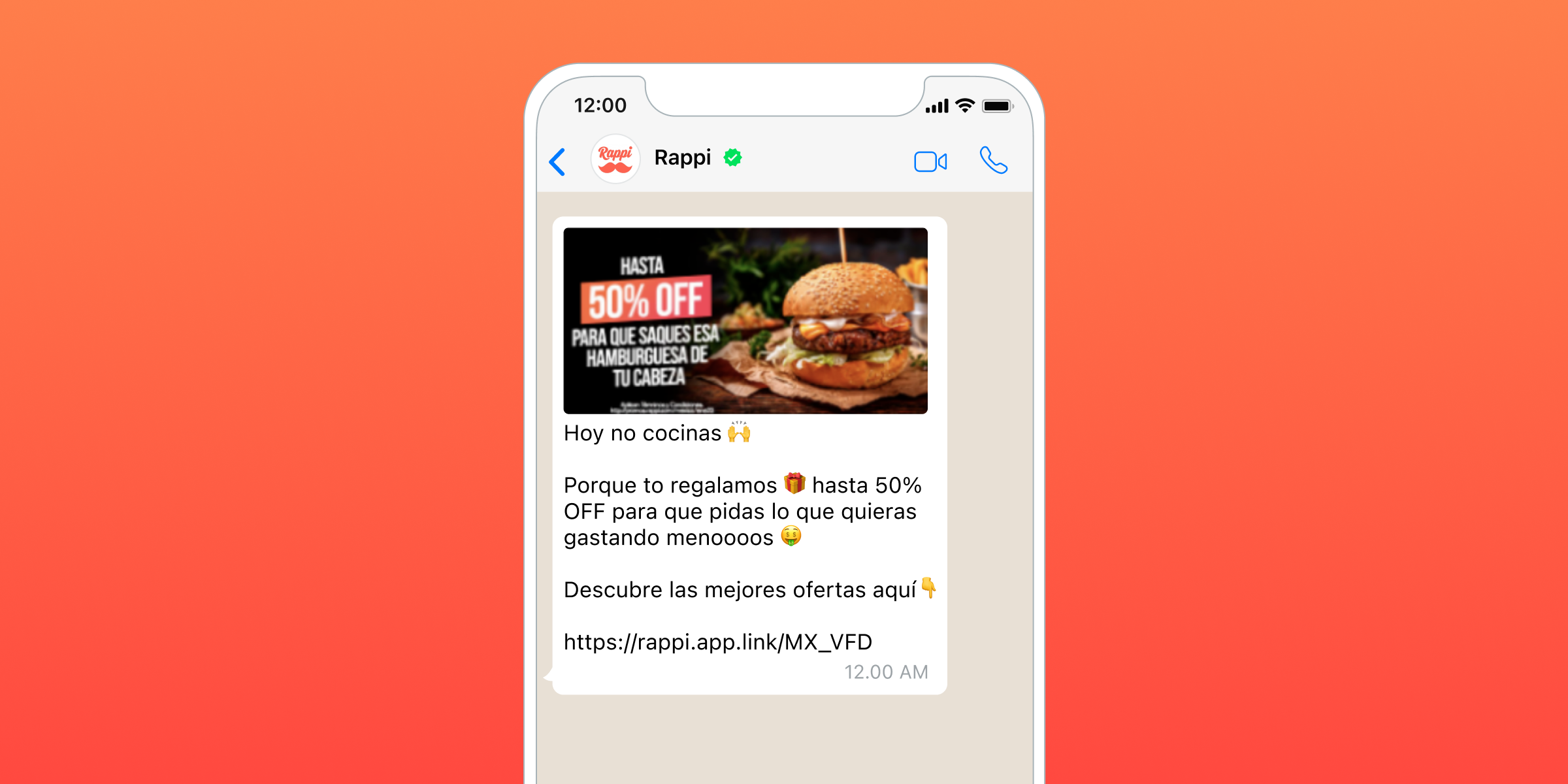 un teléfono con una hamburguesa en la pantalla que muestra un 50 % de descuento