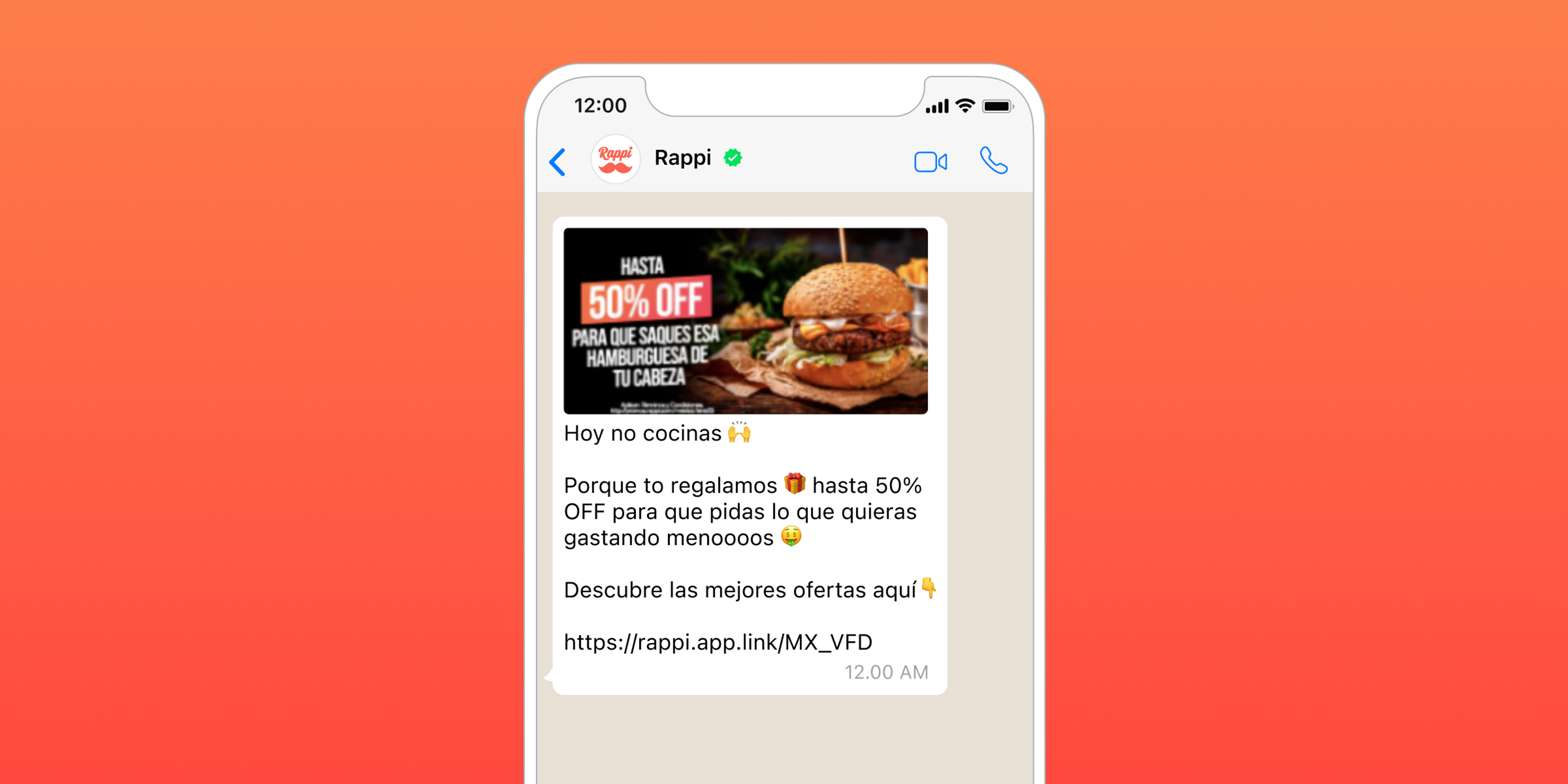 un teléfono con una hamburguesa en la pantalla que muestra un 50 % de descuento