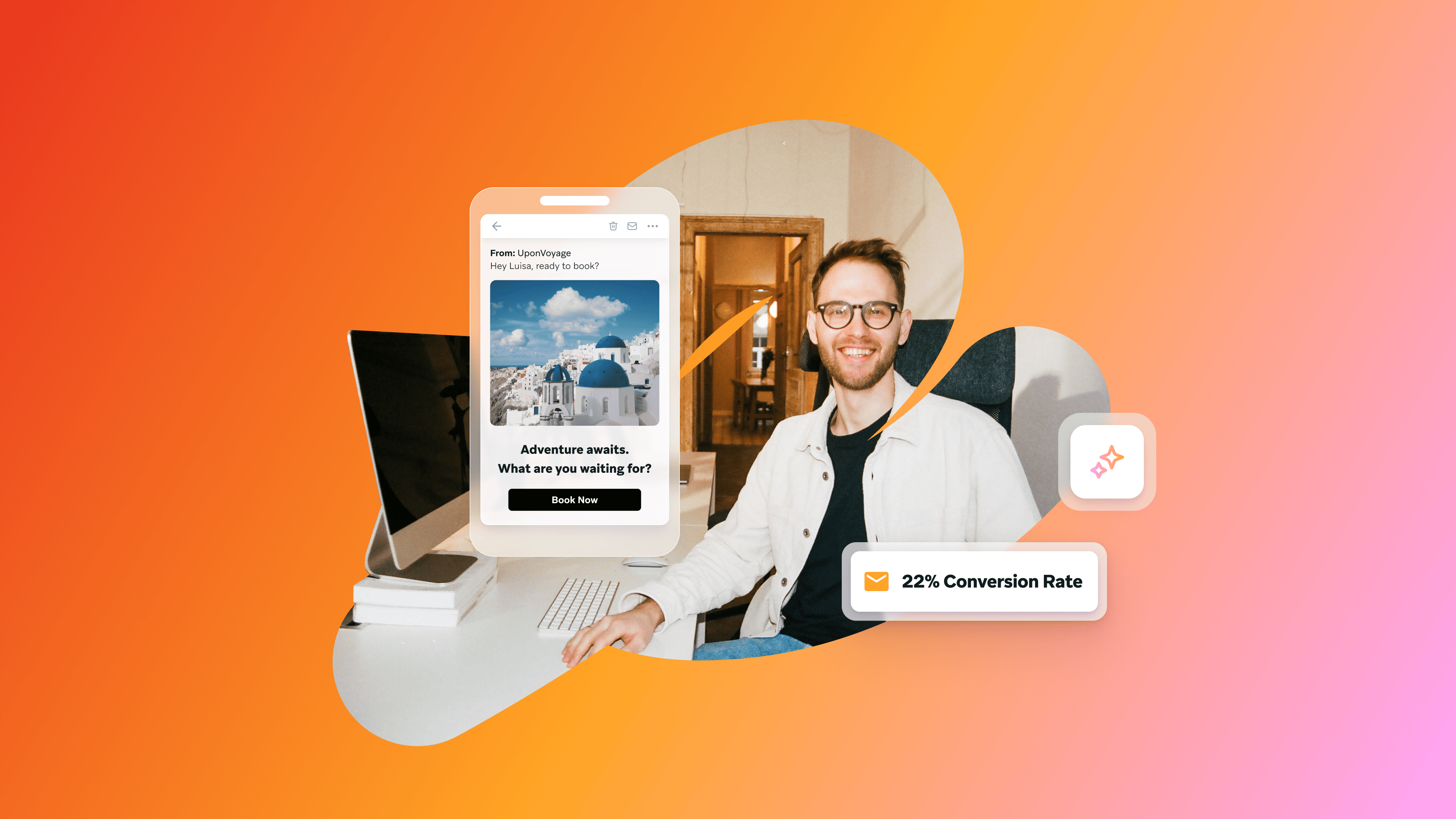a man sitting at a desk with a phone that says ' adventure awaits what are you waiting for ' on it