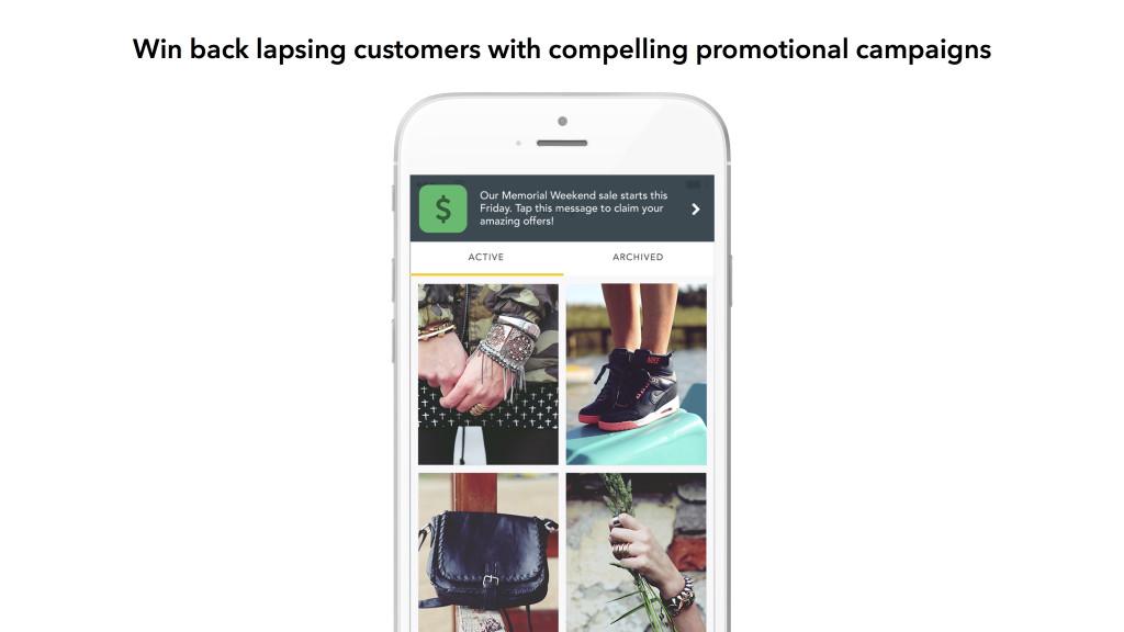 A smartphone displaying a promotional campaign for a sale, featuring various products like clothing and accessories. Text encourages businesses to win back lapsed customers.