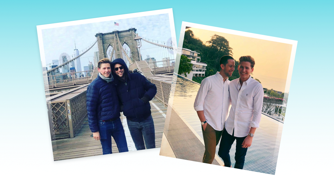 Two photos of two men together. One photo is taken on a bridge with a city skyline in the background, and the other shows them standing by a pool with greenery behind them.