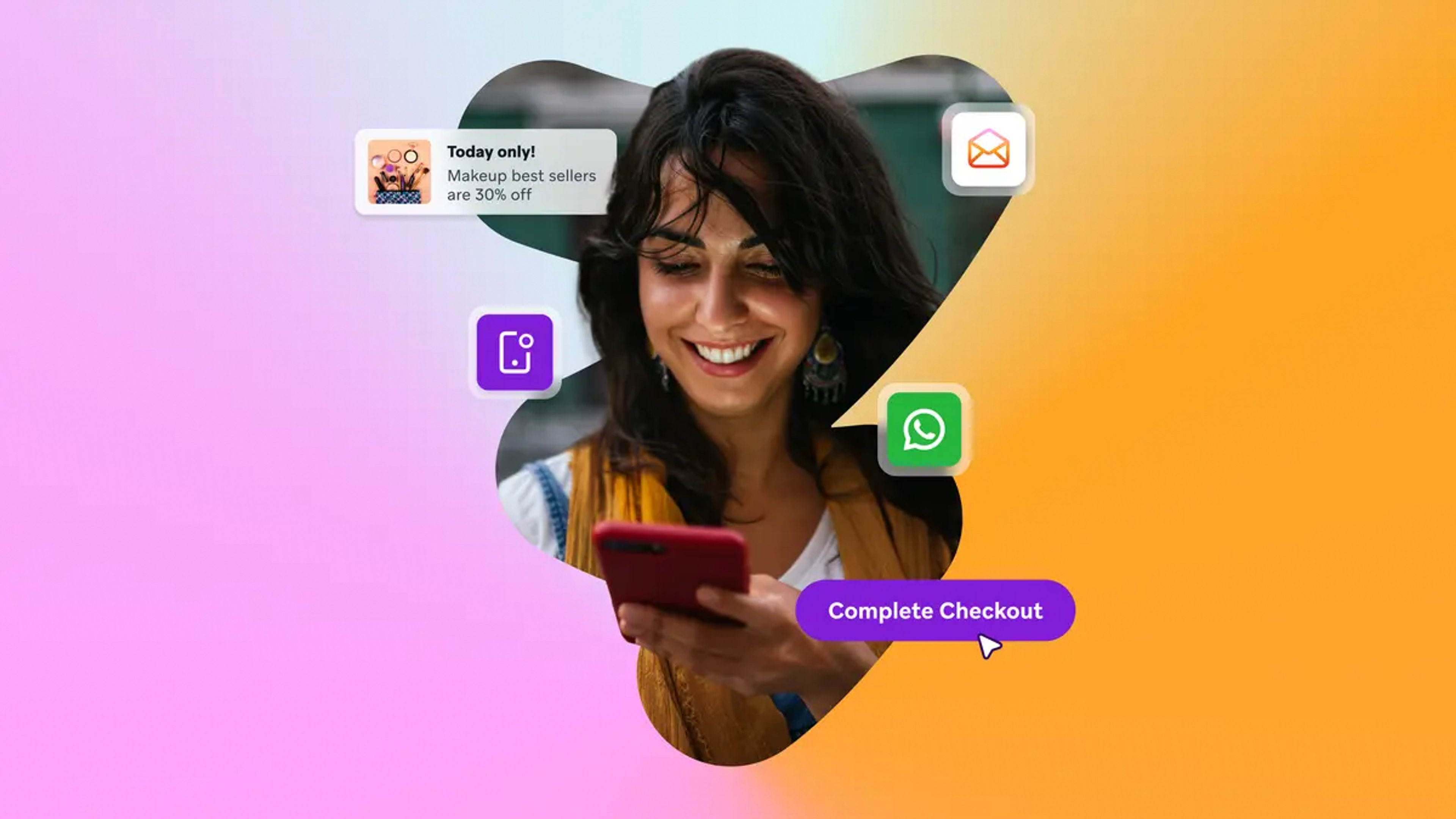 Uma mulher sorridente usa um smartphone, cercada por notificações digitais, ícones de aplicativos e um botão "Finalizar Compra", tudo isso em um fundo colorido com efeito degradê.