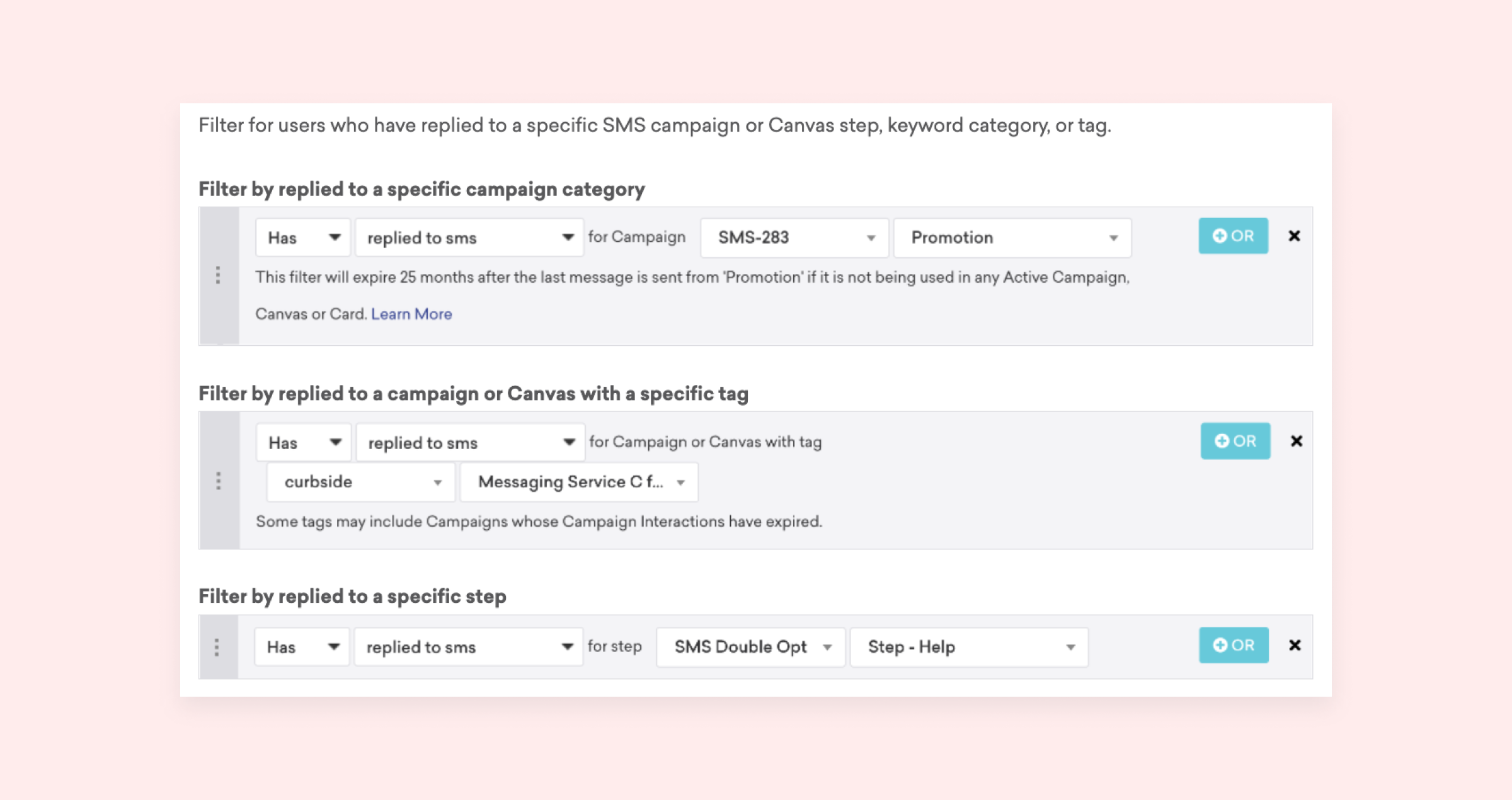 Two sections of a user interface for filtering SMS campaign responses, with options for specific campaigns, tags, and interaction statuses. Each section includes dropdown menus and checkboxes for selection.