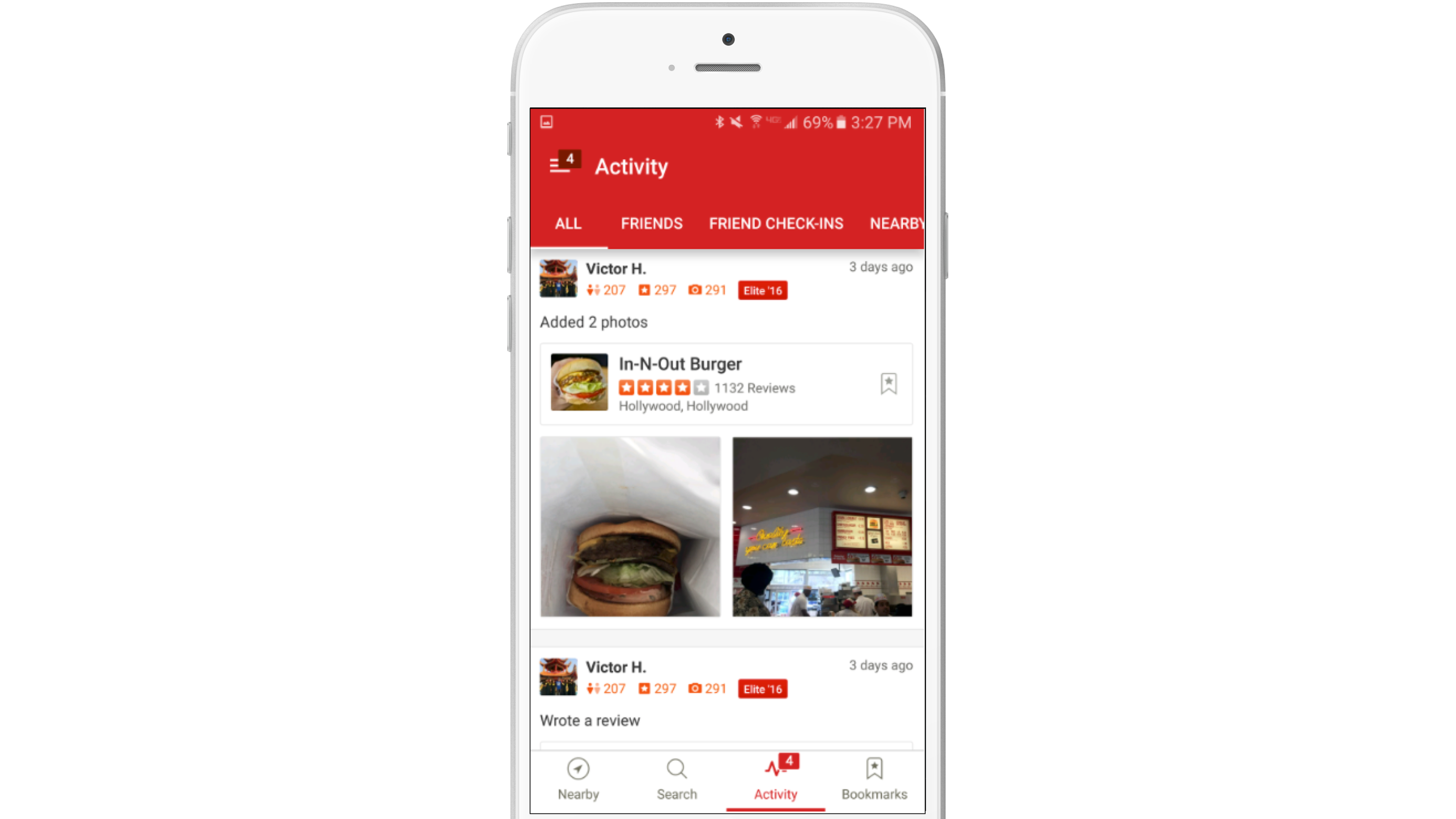A smartphone screen displaying a social media activity feed. It shows a user's recent activity, including two photos of an In-N-Out Burger and a written review.