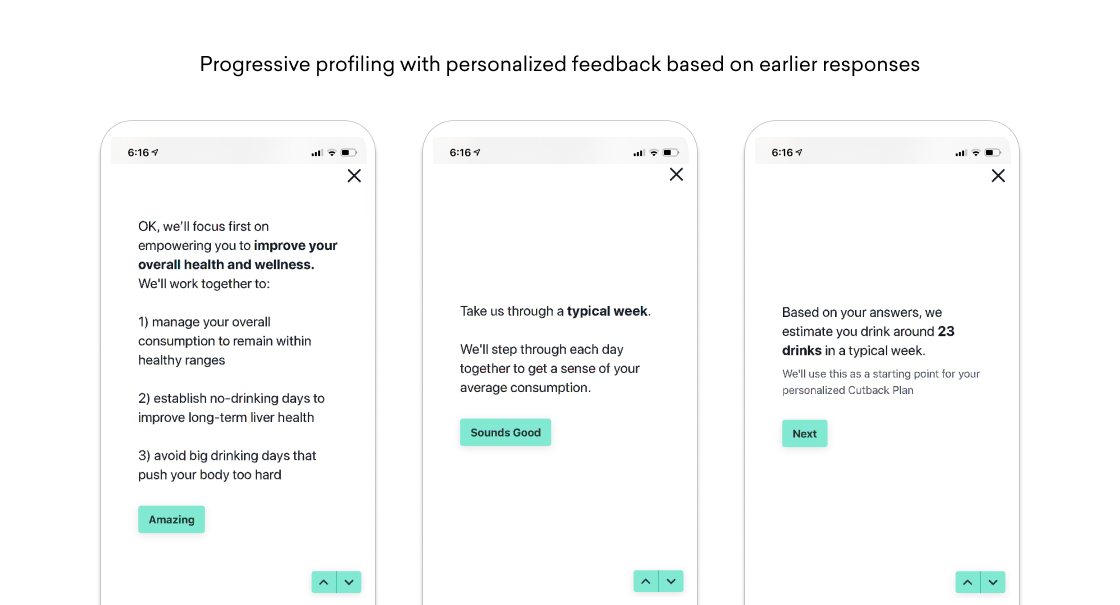 Three smartphone screens show a health app progressively profiling a user’s drinking habits and giving personalized feedback and goals for reducing alcohol consumption.
