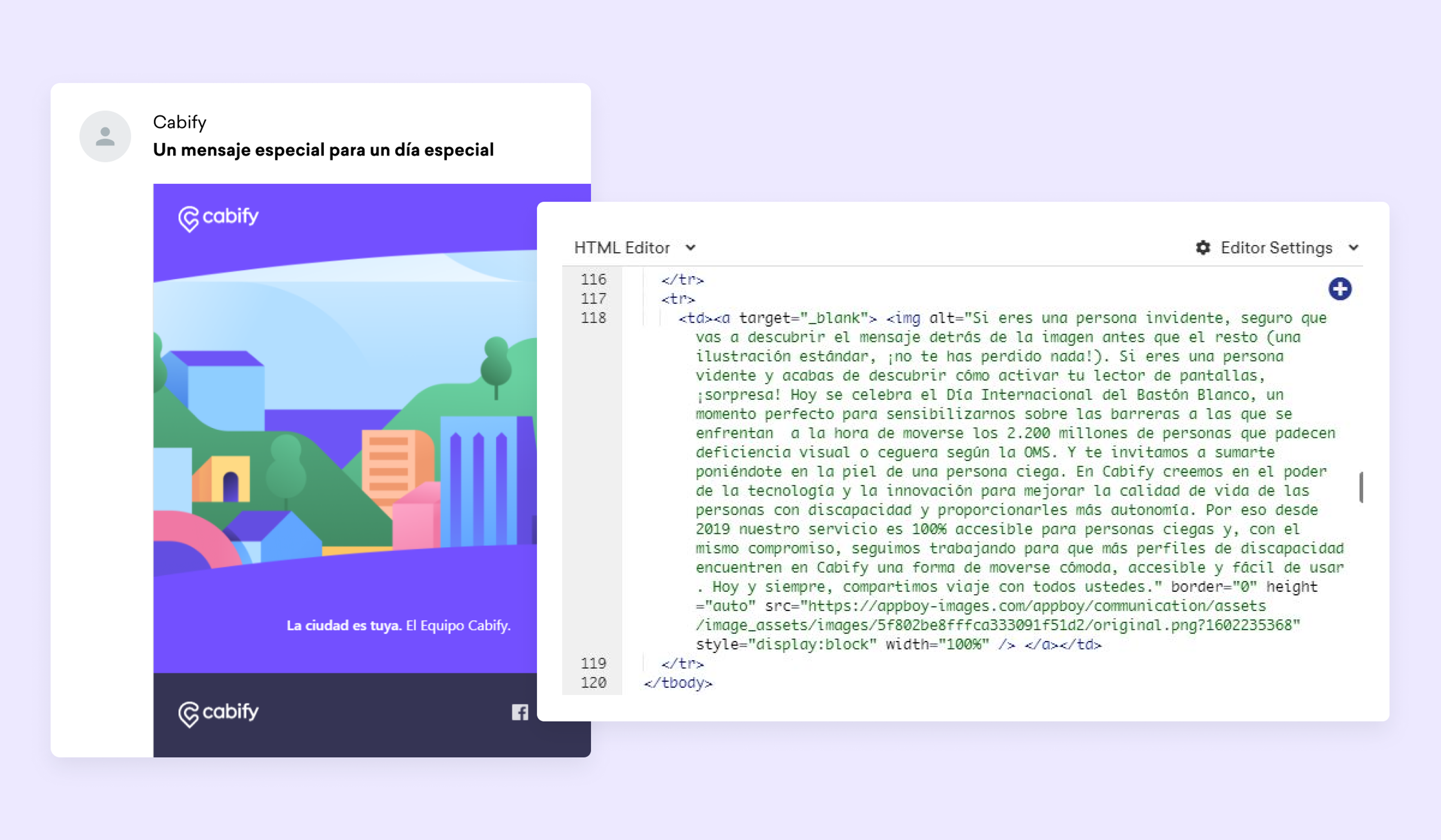 A colorful illustration of a cityscape with buildings and trees, alongside a text editor displaying HTML code. The left side features a message from Cabify.