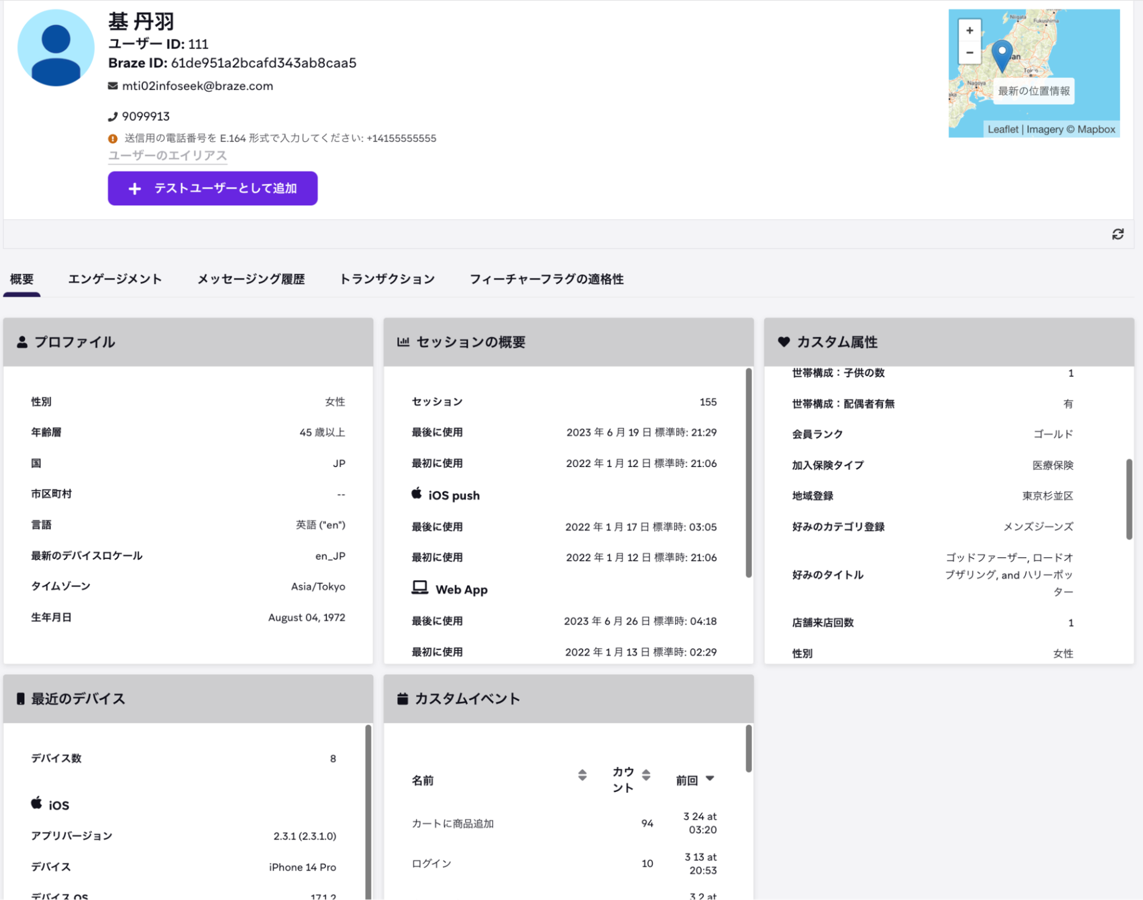 A user profile dashboard displaying demographic data, session activity, custom attributes, device information, and a location map.