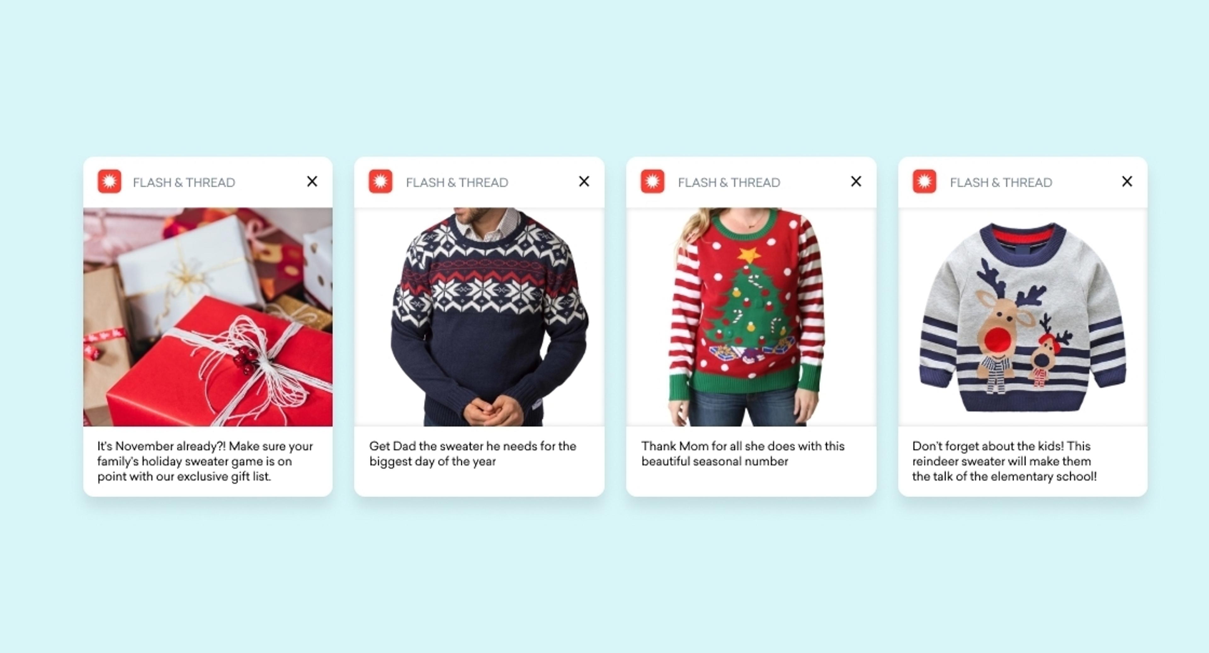 A collage of four images featuring holiday-themed sweaters and gifts. The first image shows wrapped presents, followed by three sweaters with festive designs.