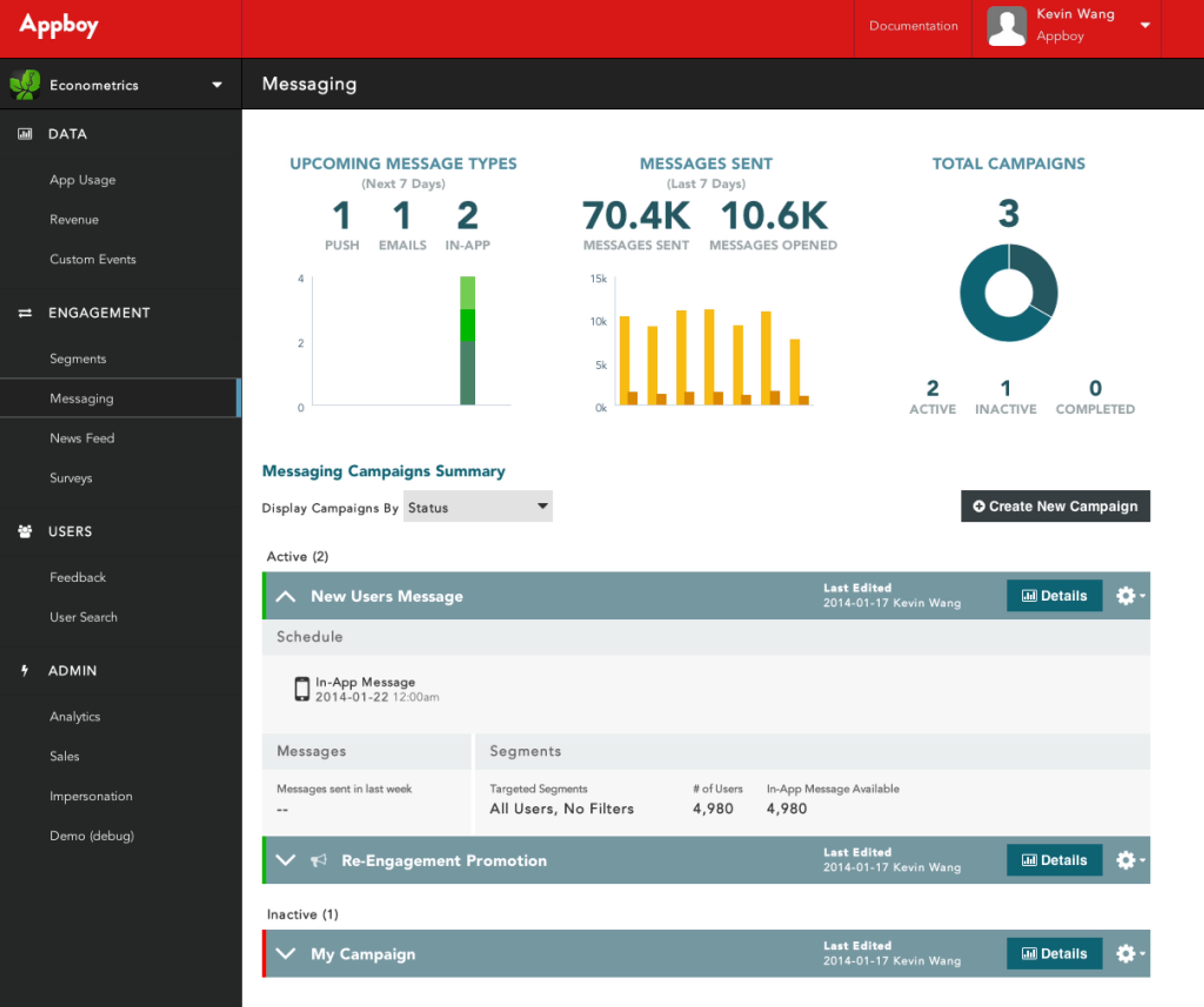 A dashboard displaying messaging campaign statistics, including upcoming message types, total messages sent, and campaign summaries. Sections for creating new campaigns and viewing specific message details are also visible.