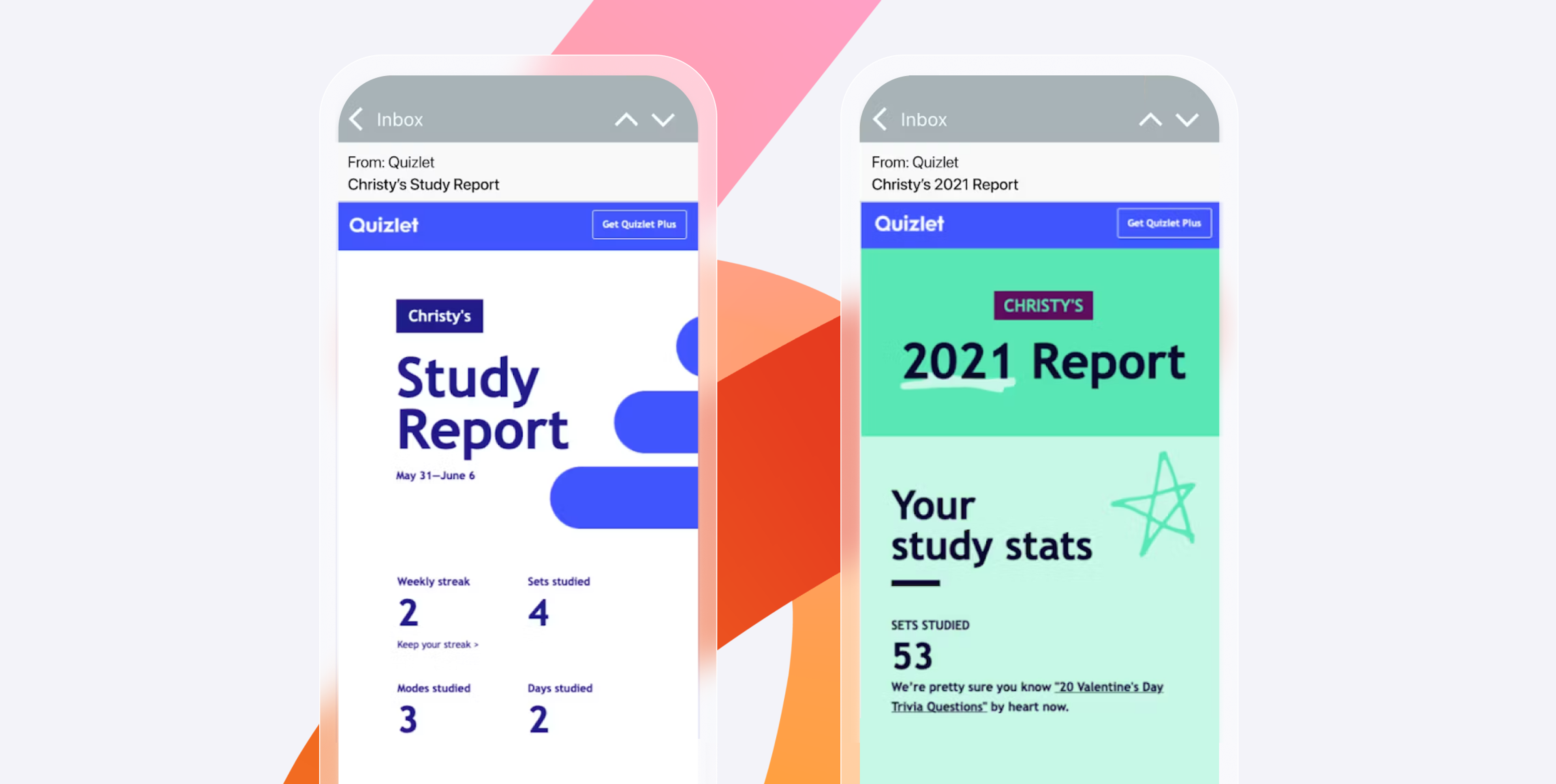 사용자에게 보낸 2021년 연구 보고서를 보여주는 두 개의 이미지 Quizlet