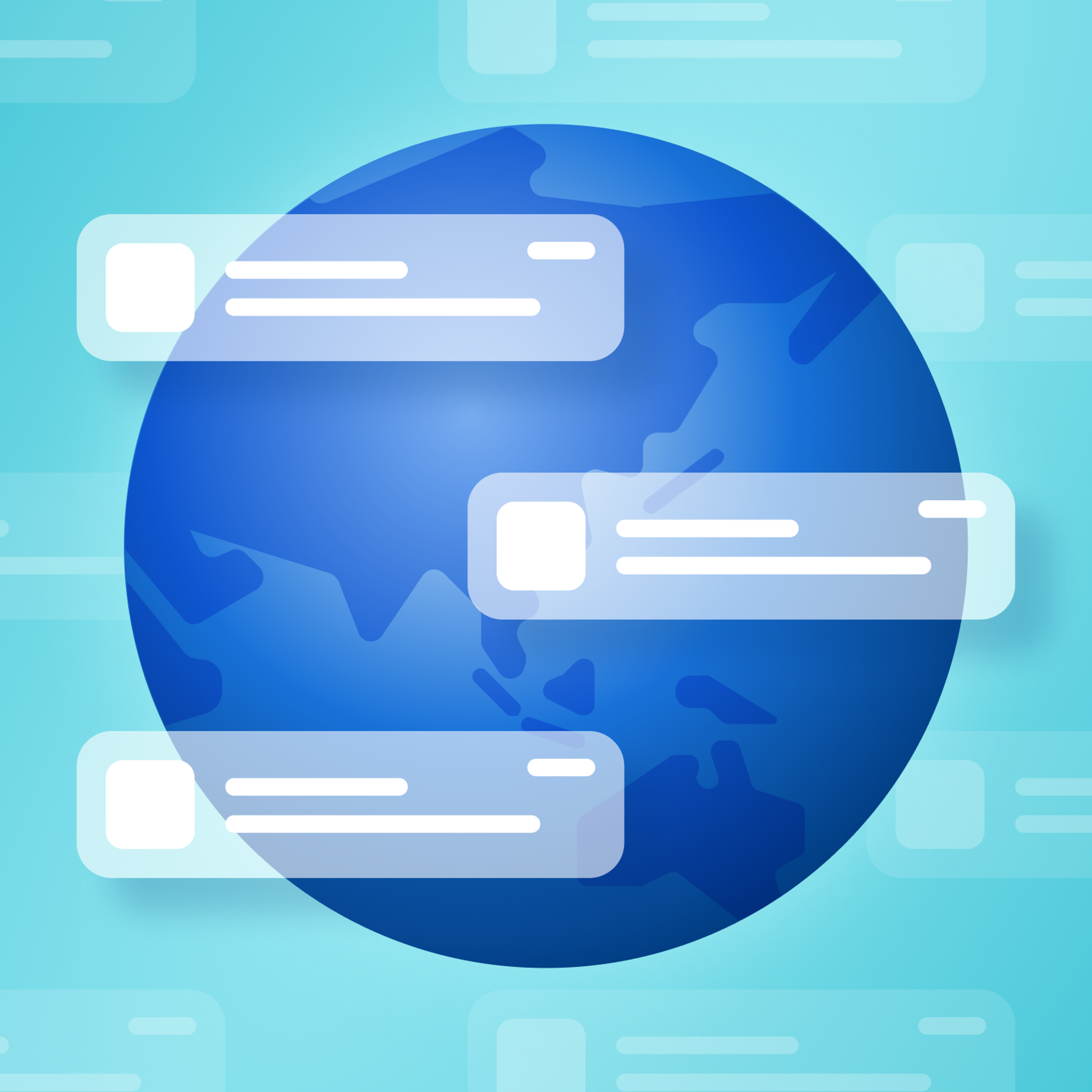 Blue globe surrounded by translucent notification bubbles.