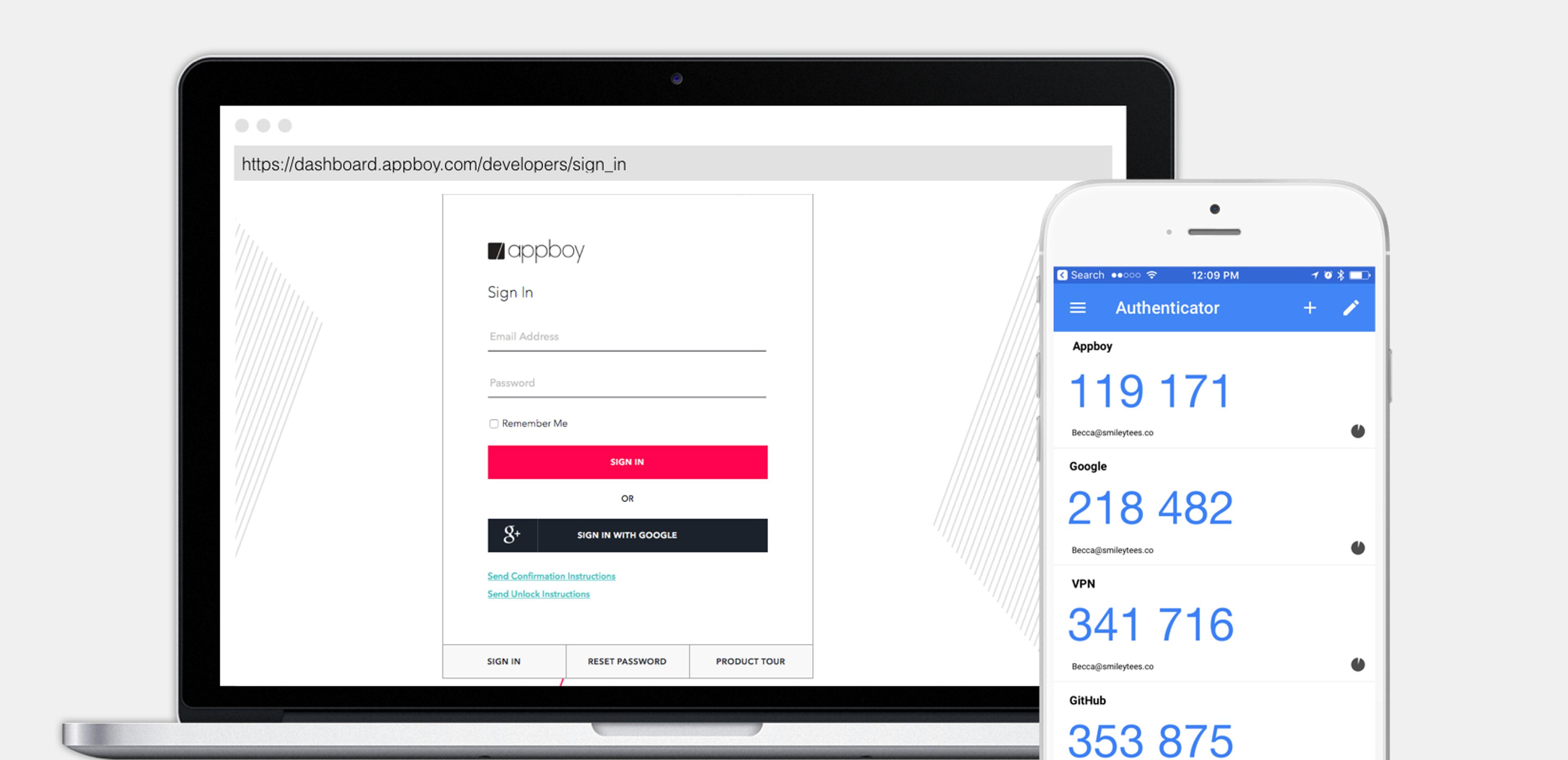 A laptop displaying a sign-in page for Appboy and a smartphone showing an authenticator app with verification codes.