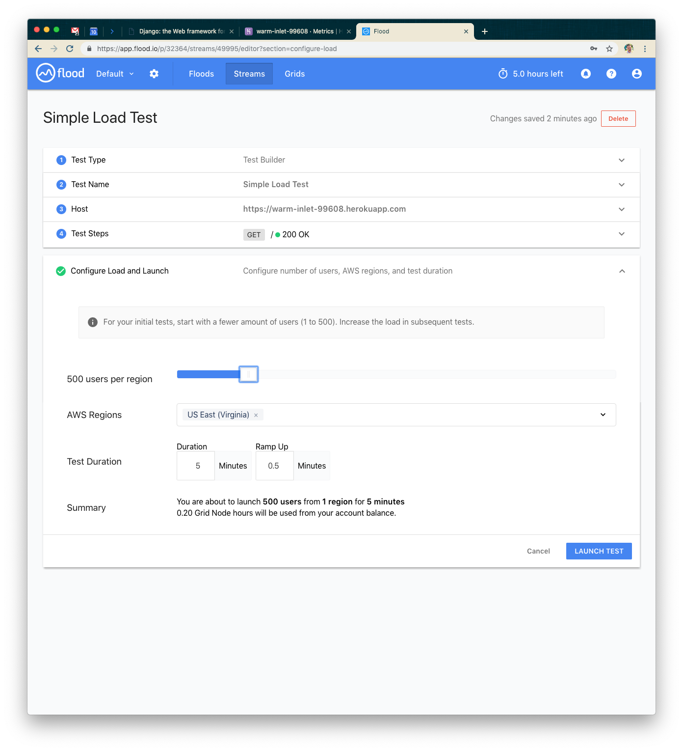 A web interface for configuring a load test, showing fields for test type, host, test steps, AWS regions, and test duration. The summary section indicates the ability to launch 500 concurrent users for 5 minutes.