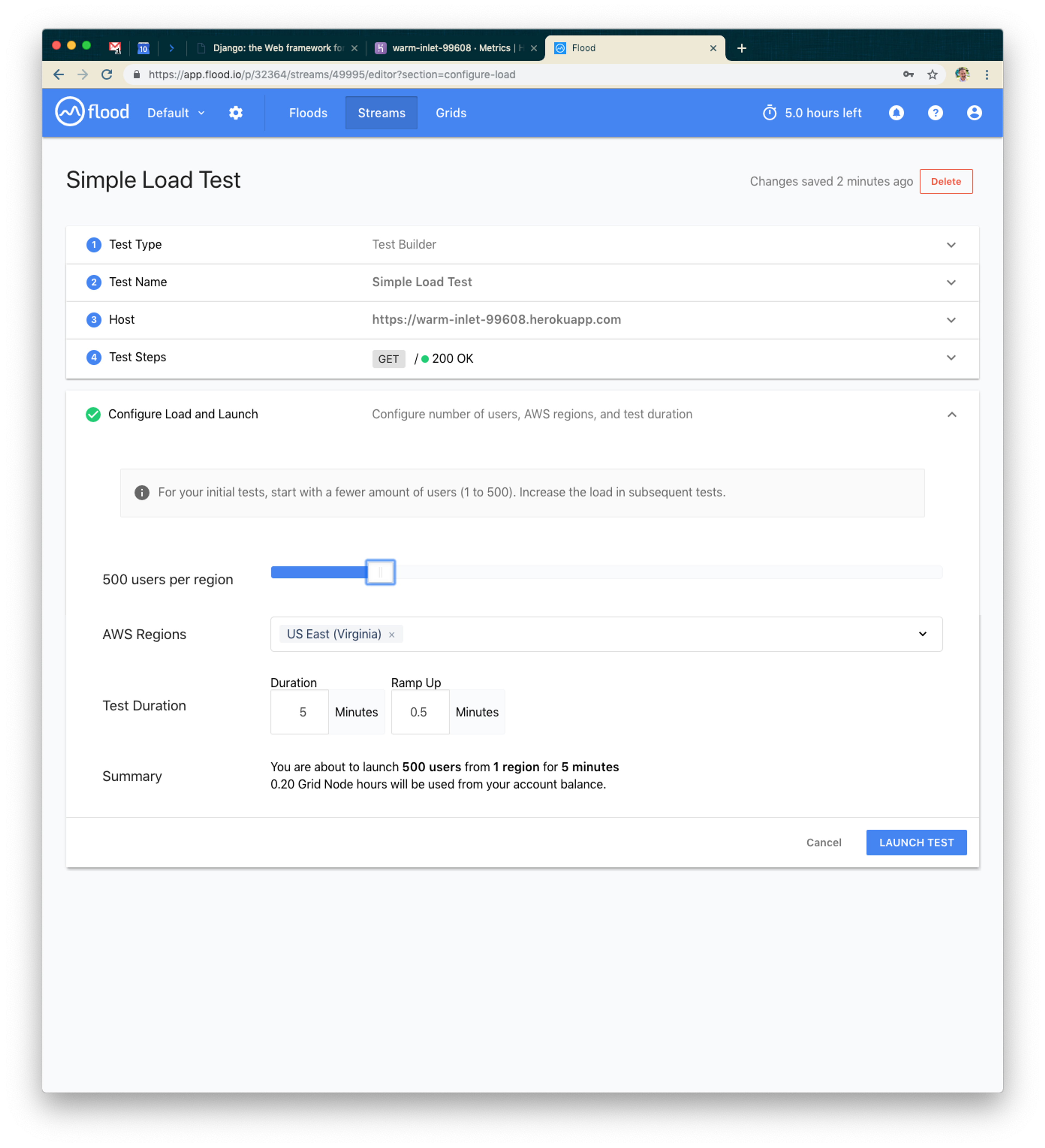 A web interface for configuring a load test, showing fields for test type, host, test steps, AWS regions, and test duration. The summary section indicates the ability to launch 500 concurrent users for 5 minutes.