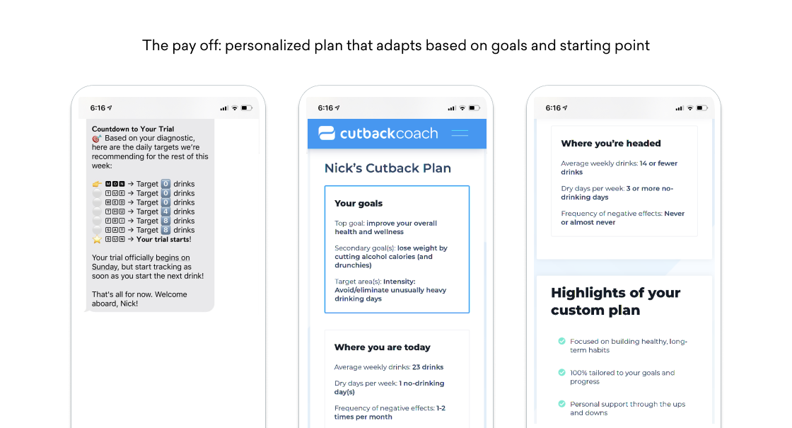 Three smartphone screens show the Cutback Coach app, illustrating a personalized alcohol reduction plan with a weekly drink countdown, Nick’s goals and current drinking stats, and highlights of his custom plan and future targets.