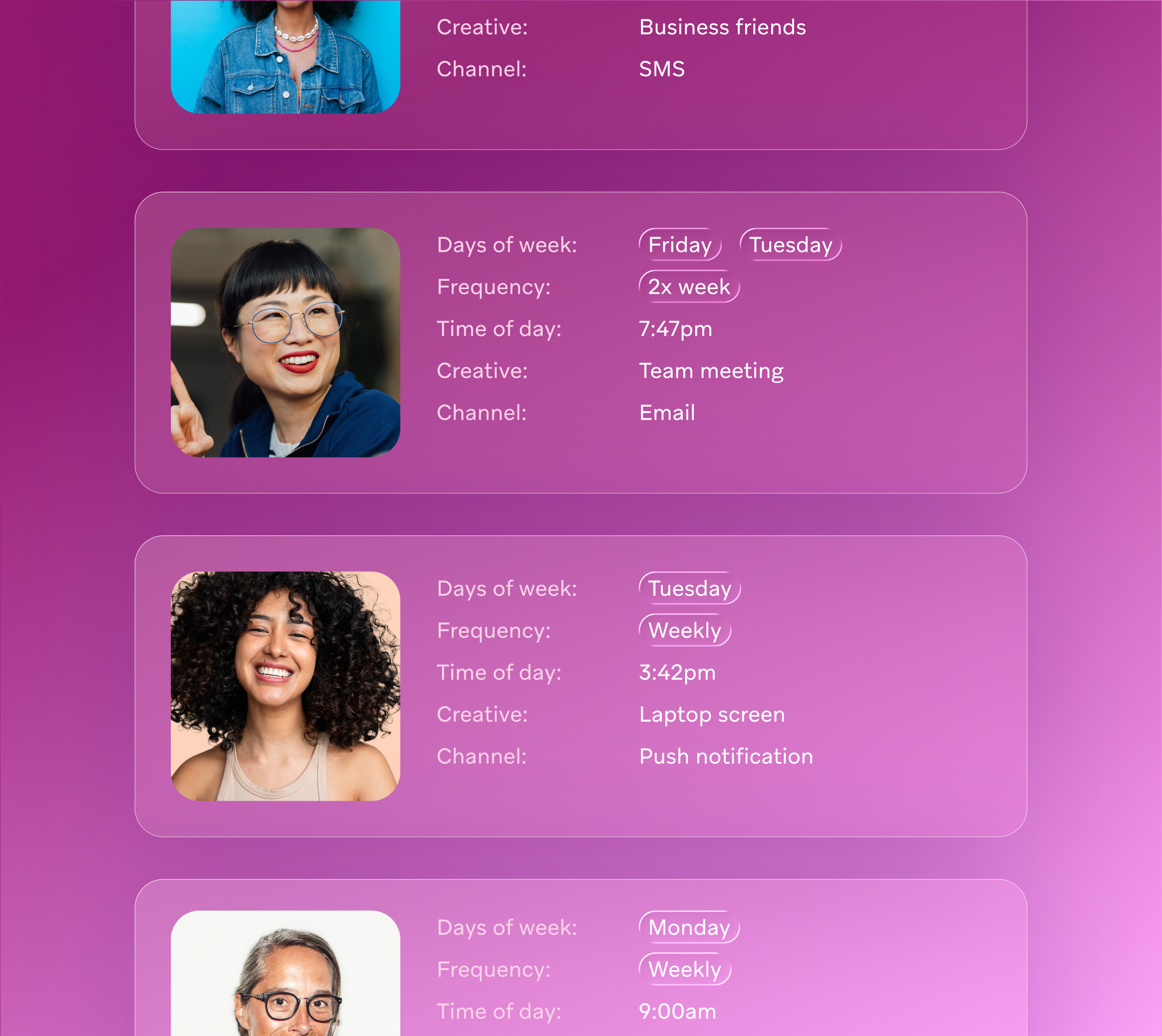 User interface with purple cards showing profiles and scheduling details.
