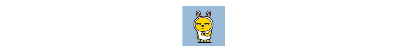 A cartoon character with a yellow face and a white bunny costume, featuring long ears and a serious expression. The background is light blue.