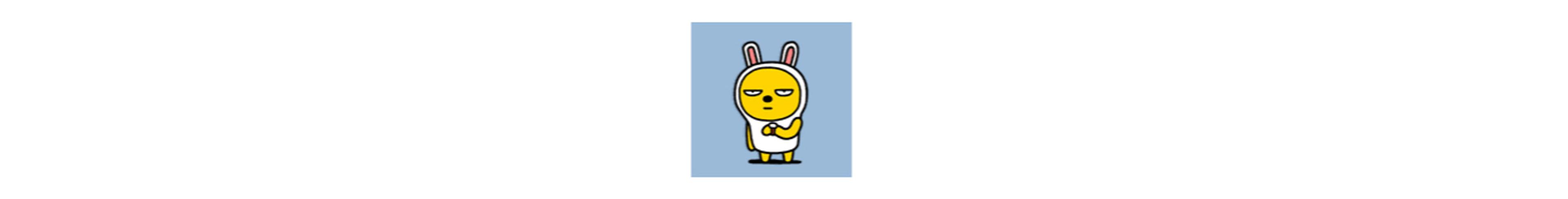 A cartoon character with a yellow face and a white bunny costume, featuring long ears and a serious expression. The background is light blue.