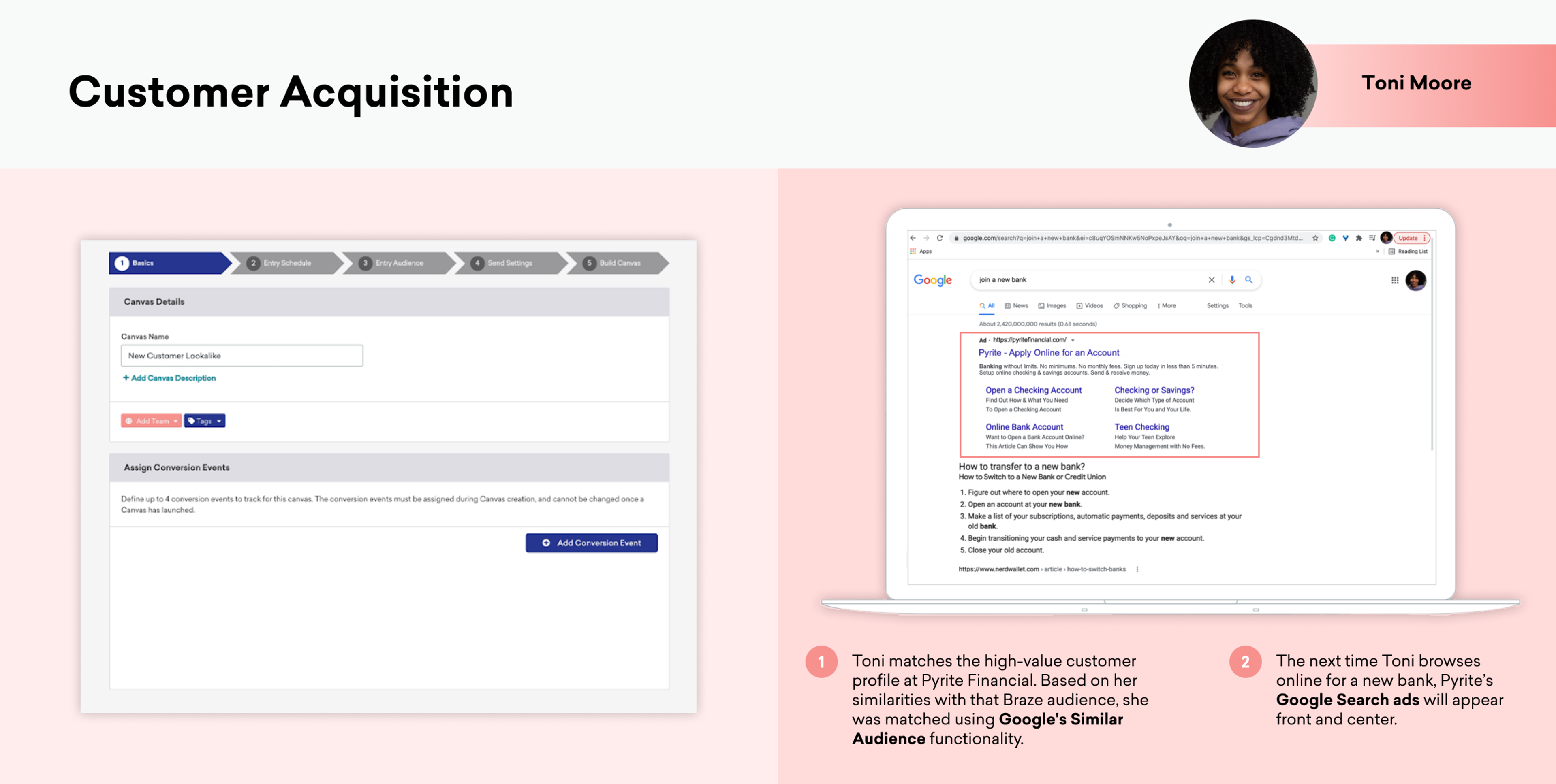 A screenshot of a customer acquisition interface on the left, showing fields for customer details, and a Google search result on the right related to Pyrite Financial. The image includes a profile picture of Toni Moore at the top.