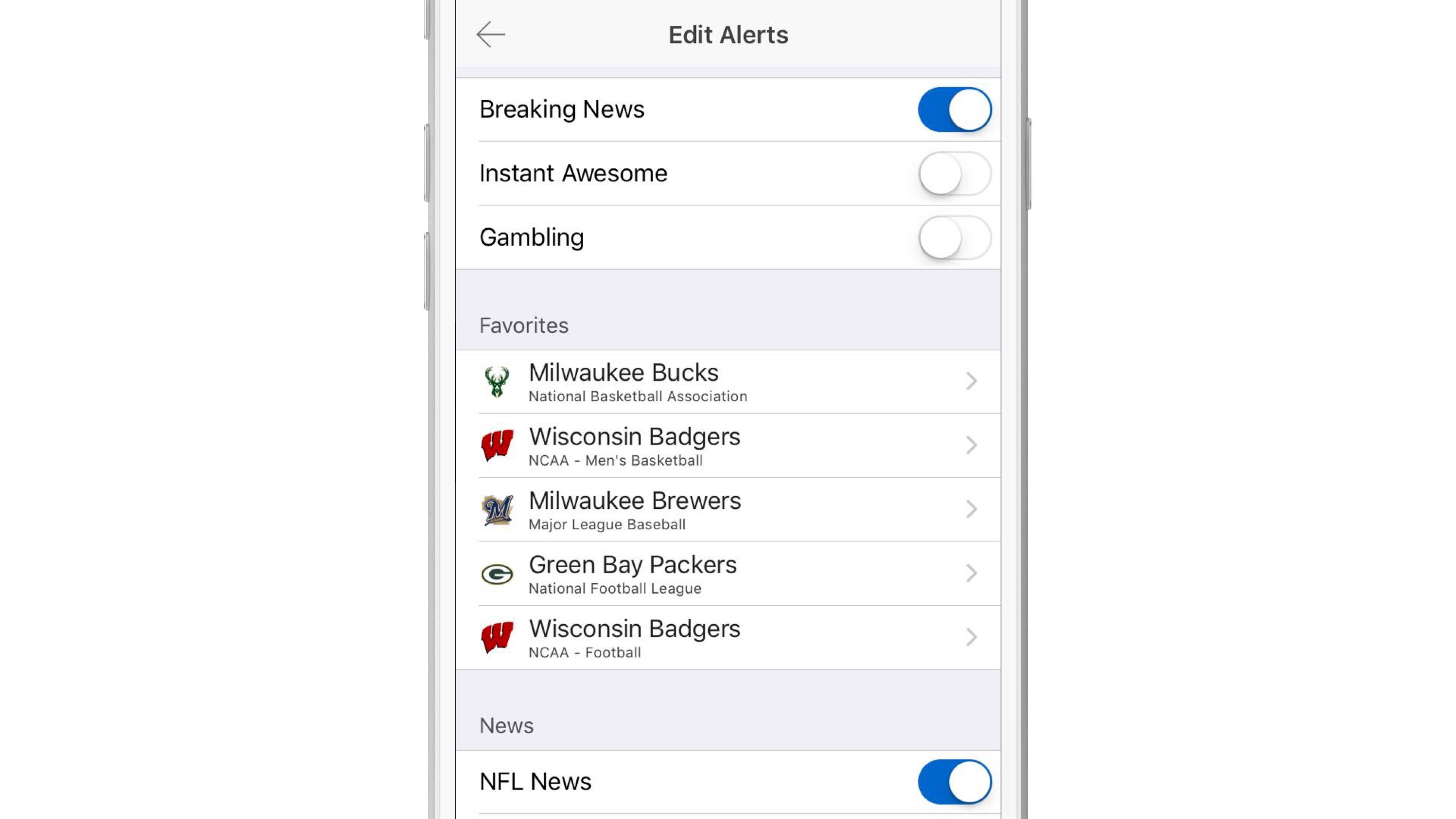 A smartphone screen displaying an "Edit Alerts" menu with options for breaking news, instant updates, and gambling. Below are favorite sports teams including the Milwaukee Bucks, Wisconsin Badgers, Milwaukee Brewers, Green Bay Packers, and NFL news.