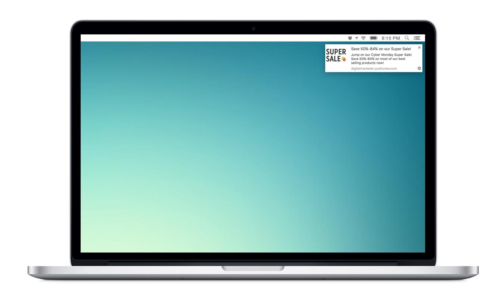 A laptop screen displaying a gradient background with a notification about a super sale. The time on the screen shows 8:15 PM.