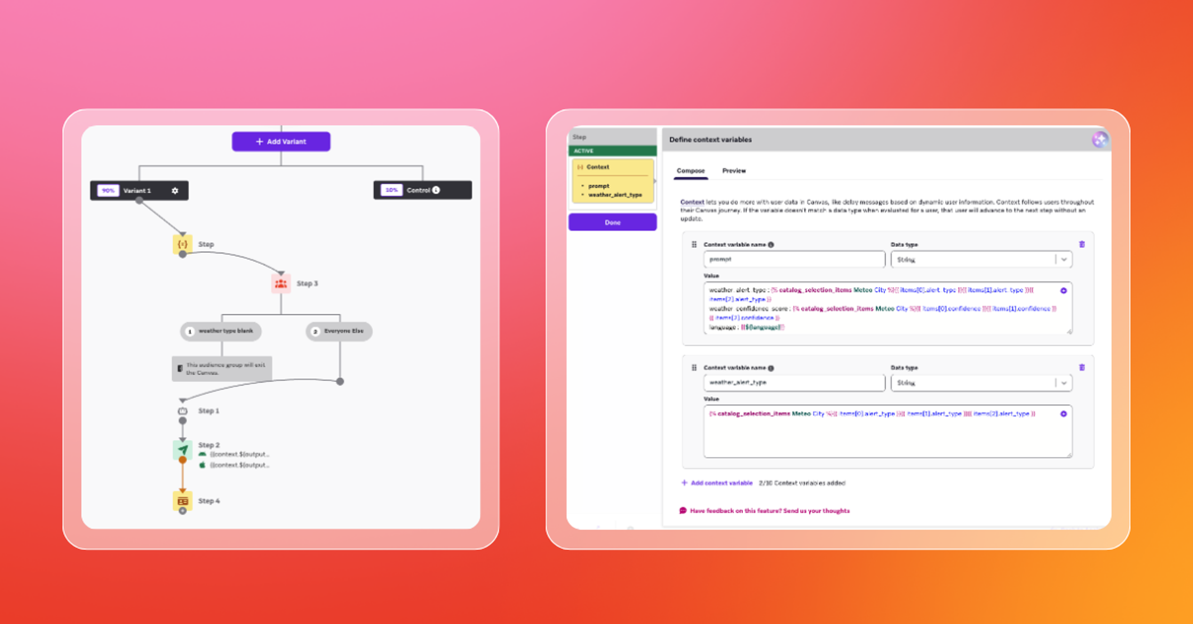 Two side-by-side software screenshots show a visual workflow builder and a panel for defining context variables with code-based values.