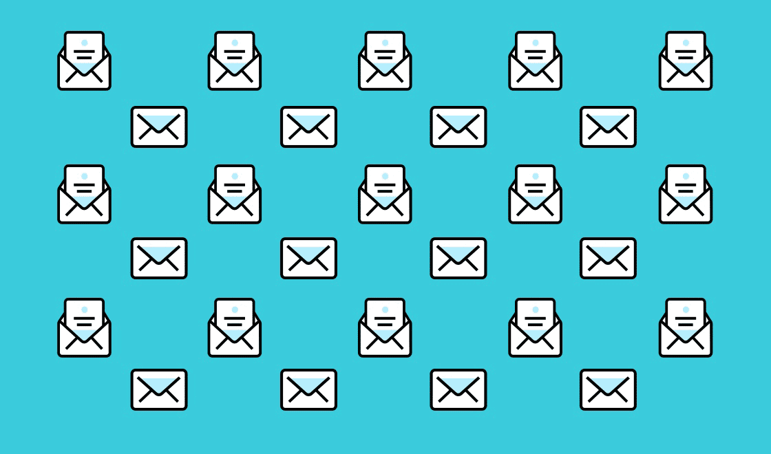 A pattern of various envelope icons on a blue background. The envelopes are depicted in different orientations and sizes.