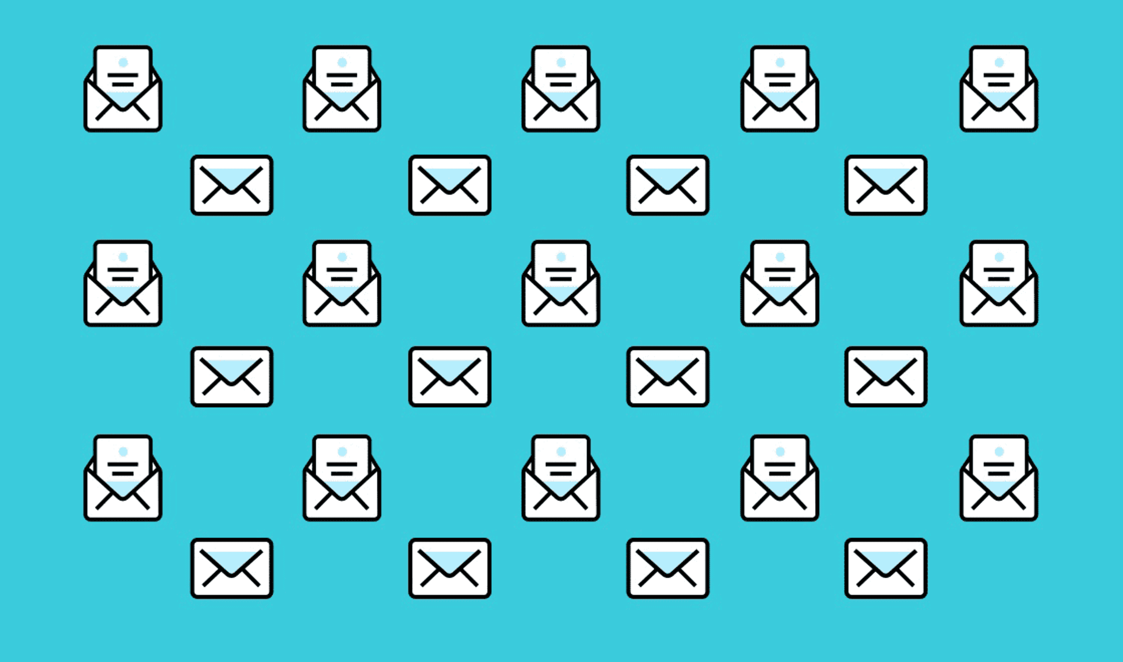 A pattern of various envelope icons on a blue background. The envelopes are depicted in different orientations and sizes.