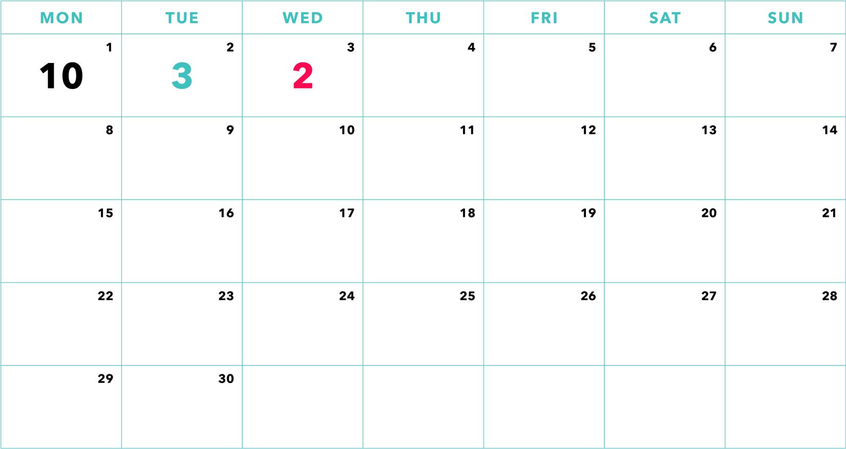 A blank calendar for the month, with the numbers 10, 3, and 2 highlighted in pink and blue on the days of the week. The calendar shows the days numbered from 1 to 31.