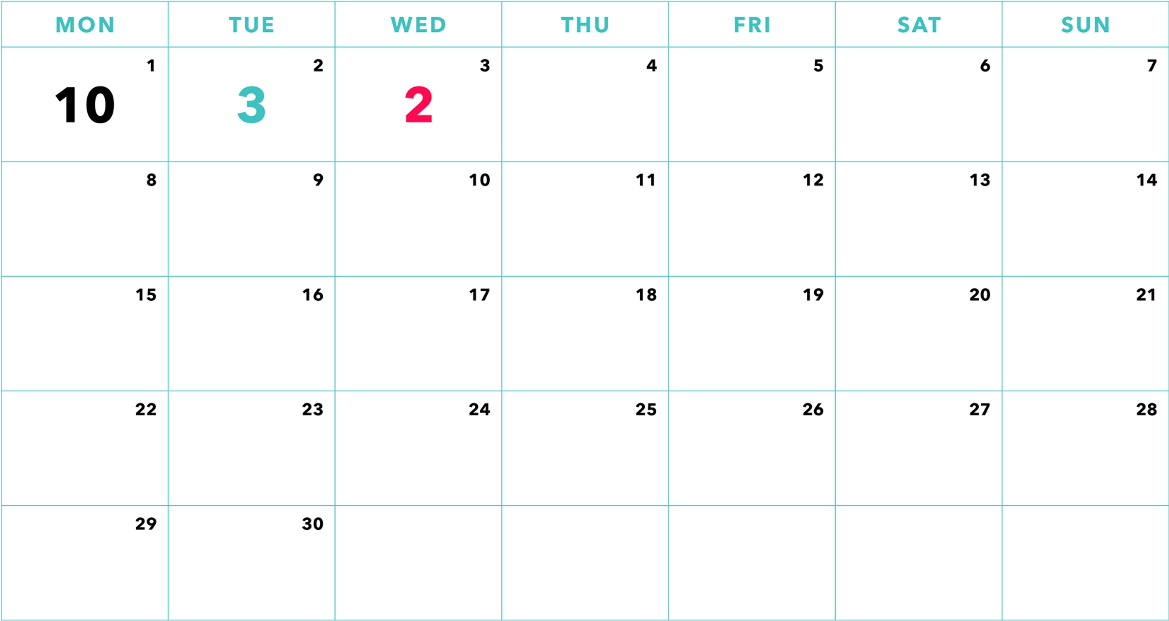 A blank calendar for the month, with the numbers 10, 3, and 2 highlighted in pink and blue on the days of the week. The calendar shows the days numbered from 1 to 31.