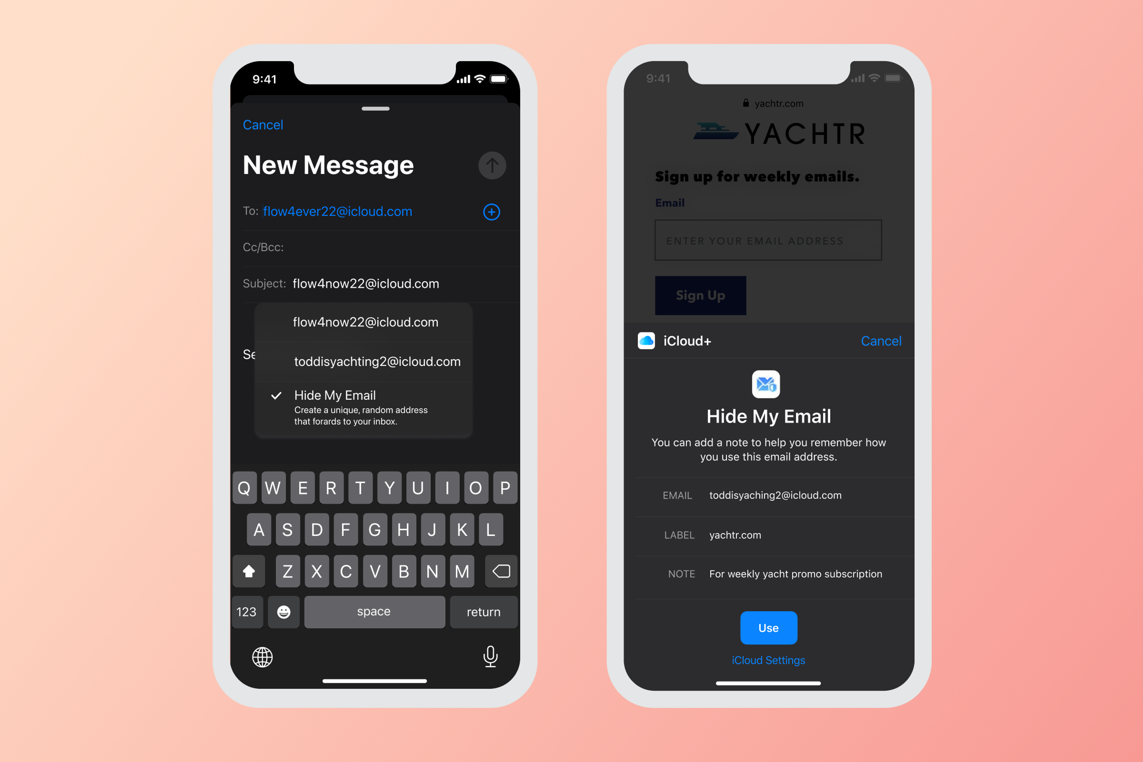 Two smartphone screens displaying email settings. The left screen shows a new message interface with an email address, while the right screen prompts to sign up for emails and features the "Hide My Email" option.