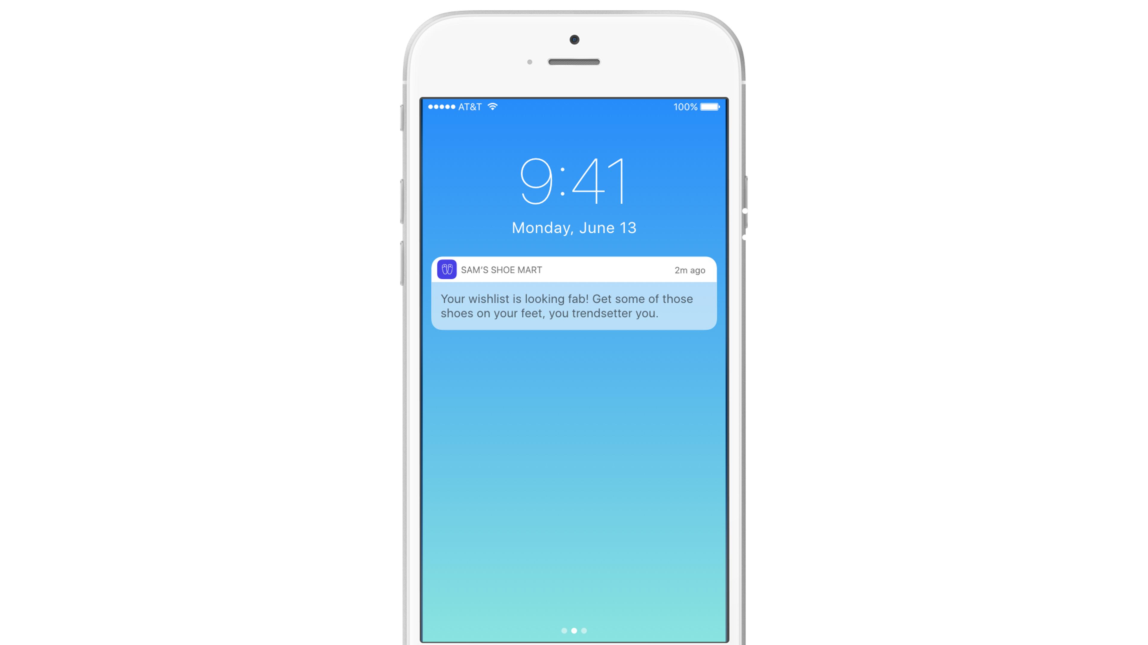 A smartphone screen displaying a notification from "Sam's Shoe Mart" about a shoe wishlist. The time is 9:41 AM on Monday, June 13.