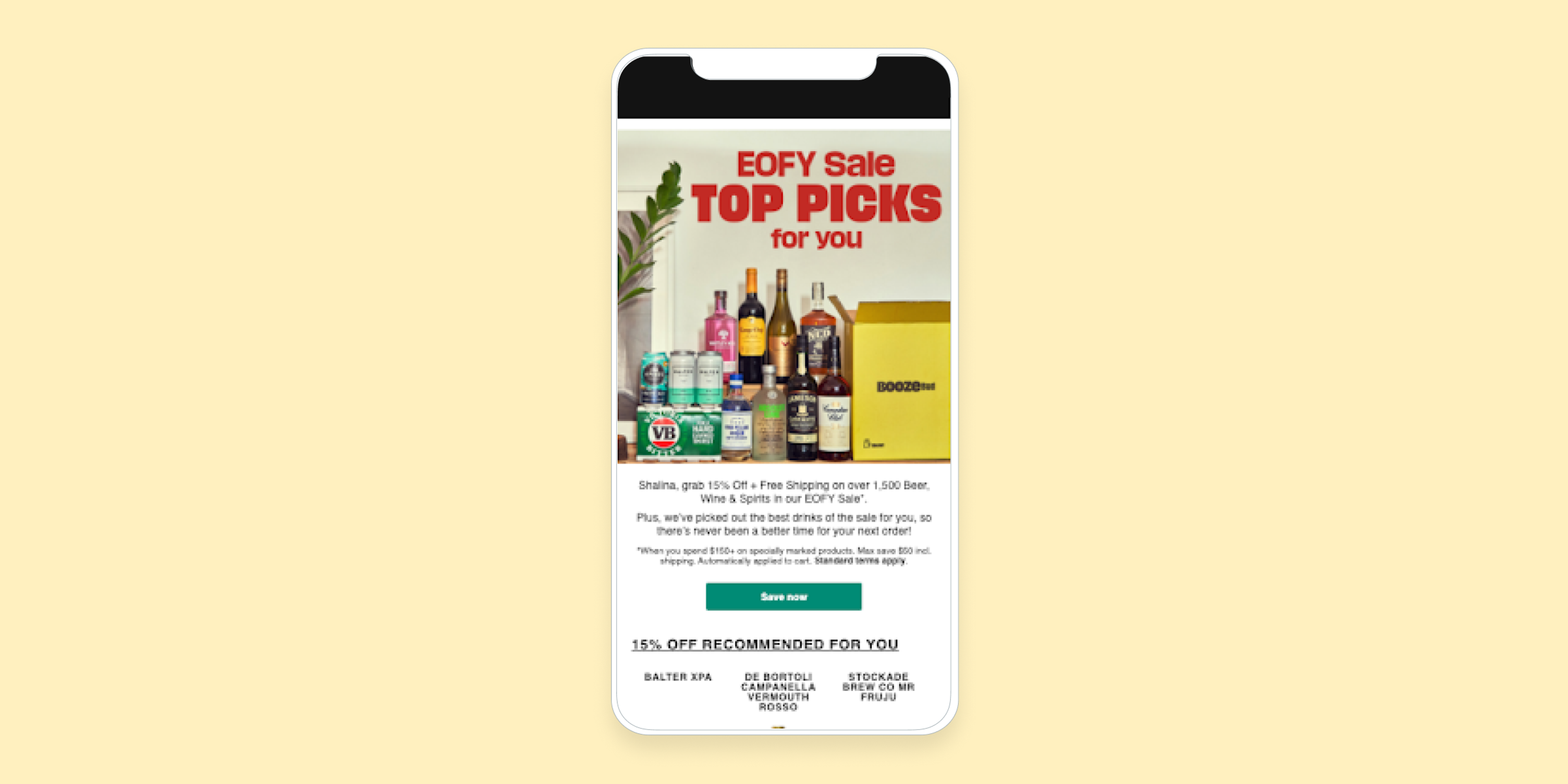 A mobile phone screen displaying an email advertisement for an EOFY sale featuring various bottles of alcohol and a promotional message about discounts and free shipping.