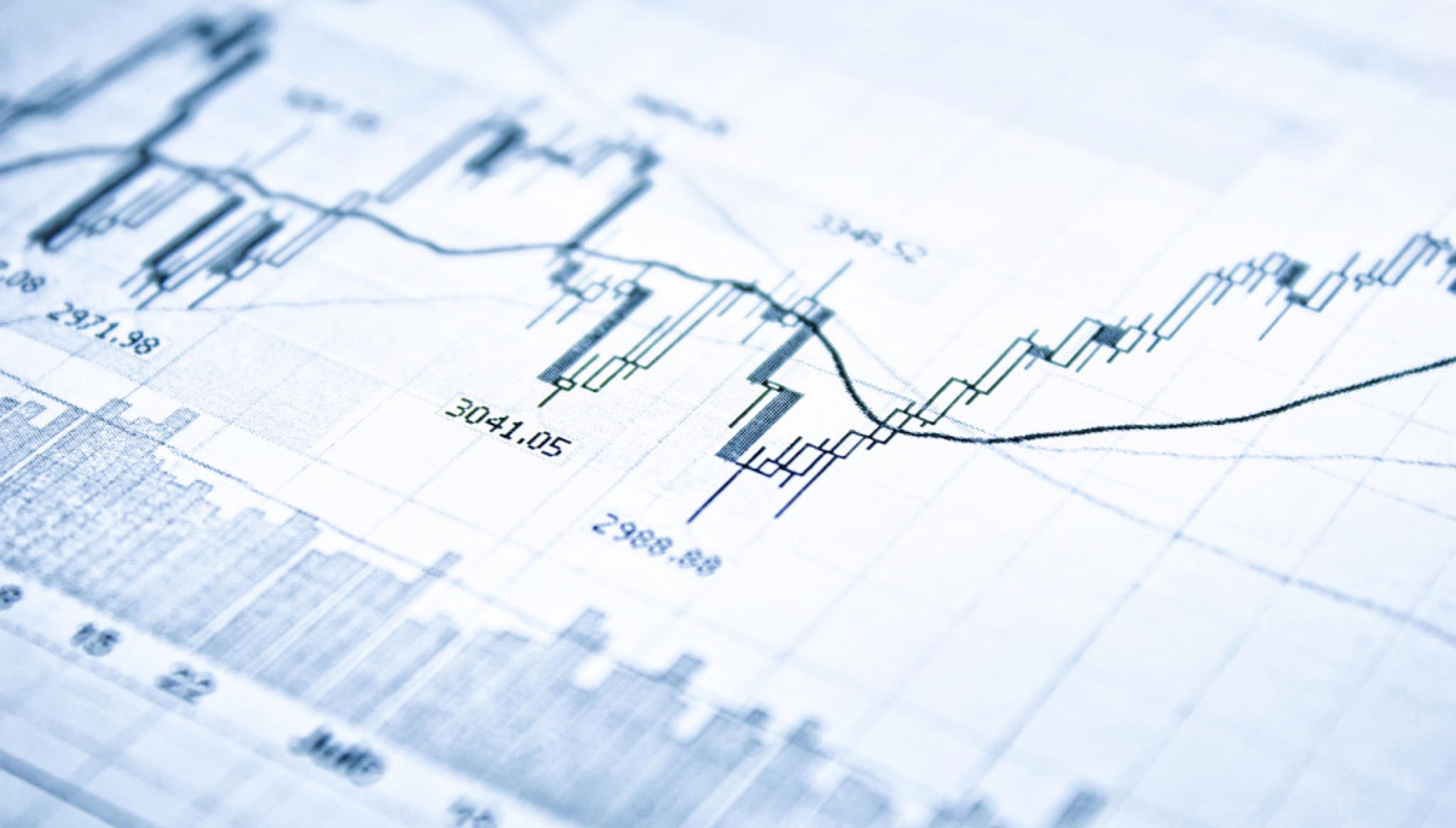 A close-up of a financial chart showing fluctuating stock prices with candlestick and line graphs. The background features grid lines and numerical values.