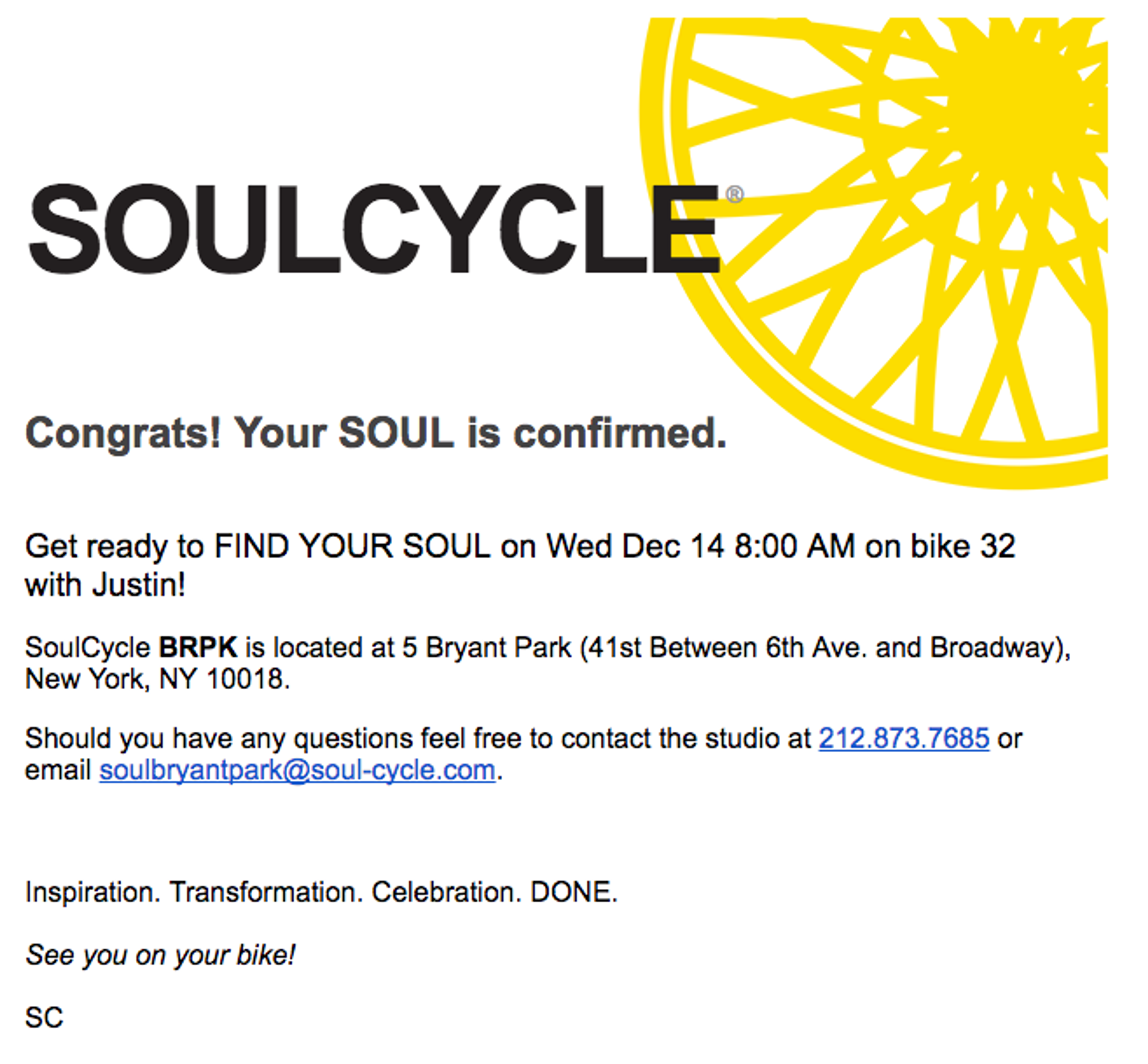 Confirmation email for a SoulCycle class on December 14 at 8:00 AM, bike 32. Includes location details and contact information.